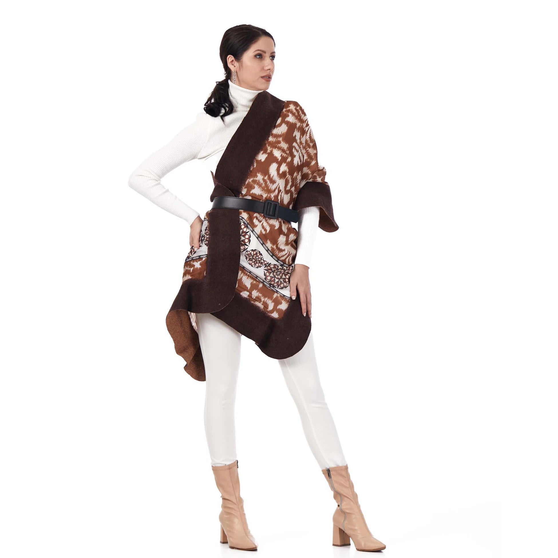 İpek Keçe Şal | İkat Desen Kahve-Camel | Nomads Felt