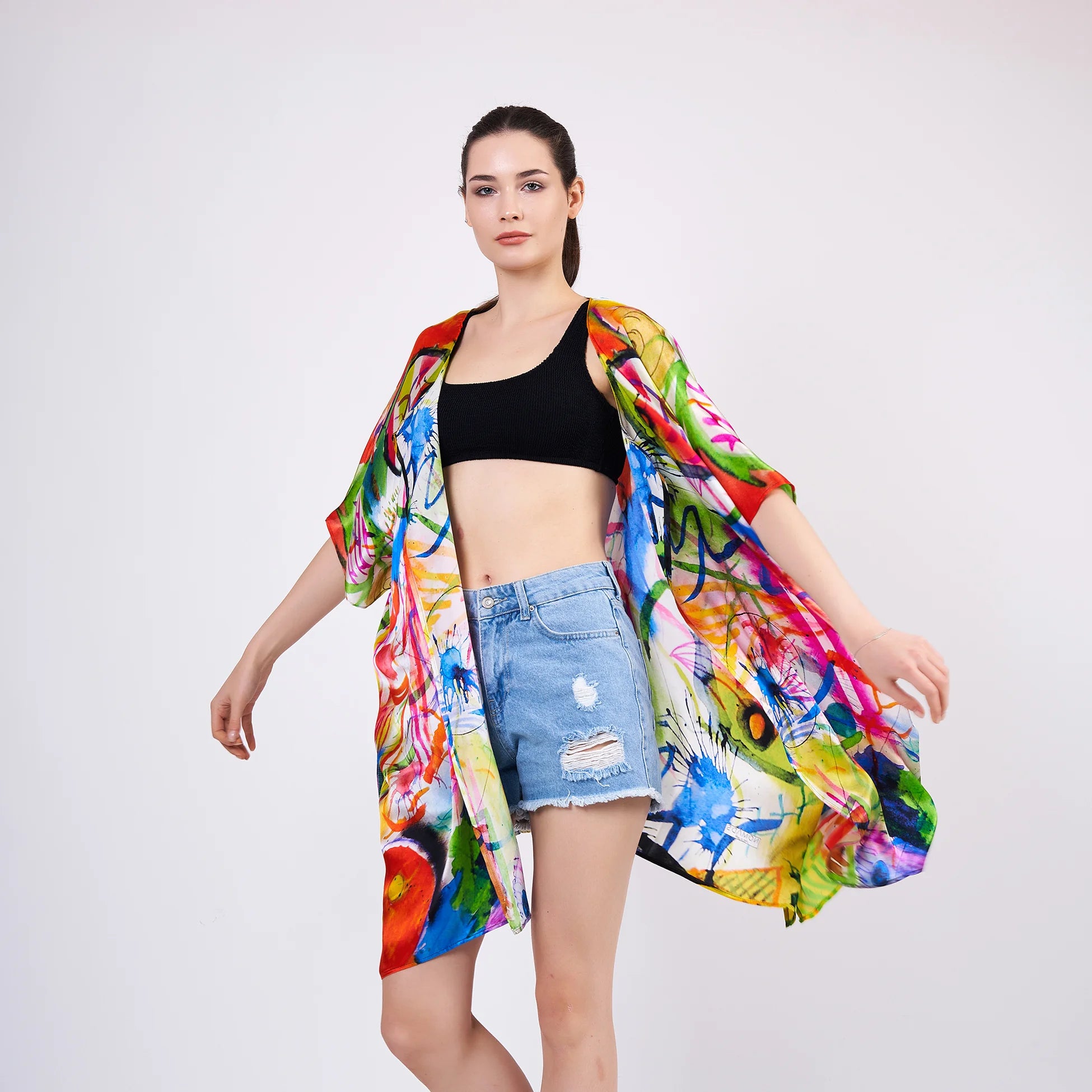 %100 İpek Kısa Kimono Pareo | Kandinsky Watercolor | Nomads Felt