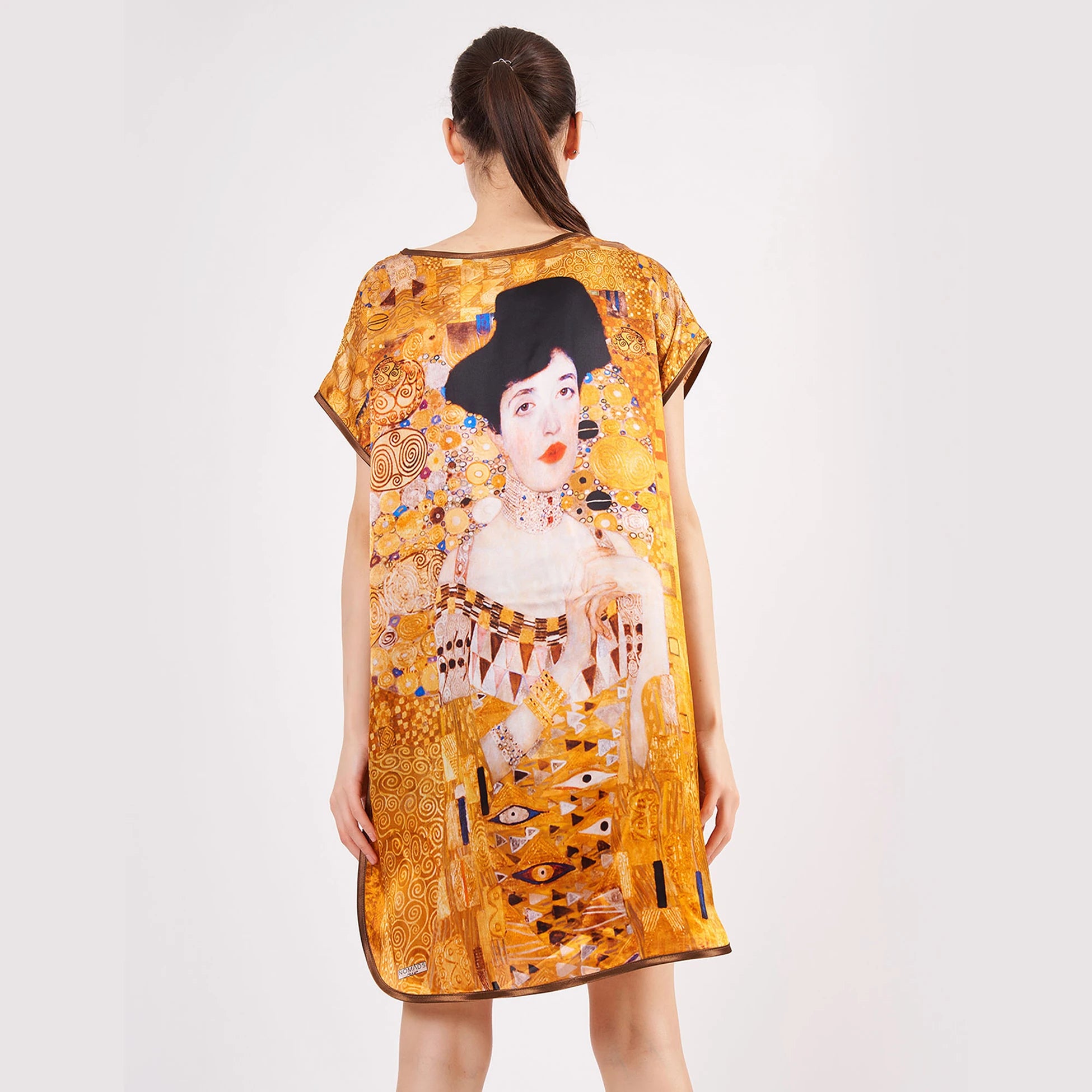 Gustav Klimt Adele Bloch Bauer Desenli Kısa İpek Elbise