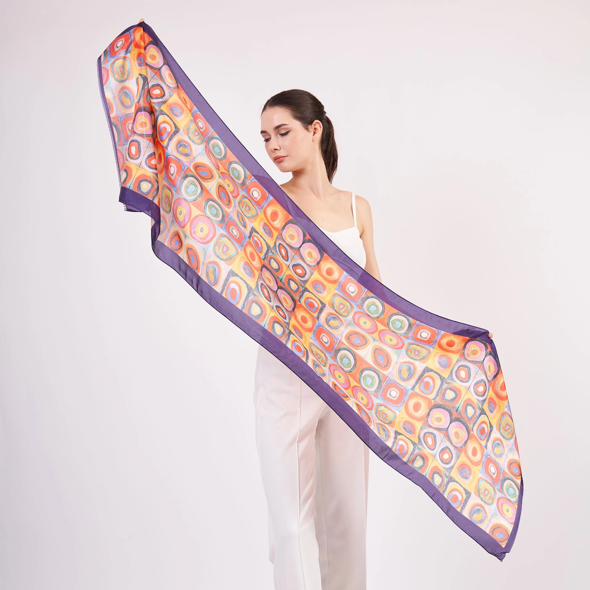 Vual İpek Fular | 55x180 cm | Mor Kandinsky Squares with Concentric Circles | Nomads Felt