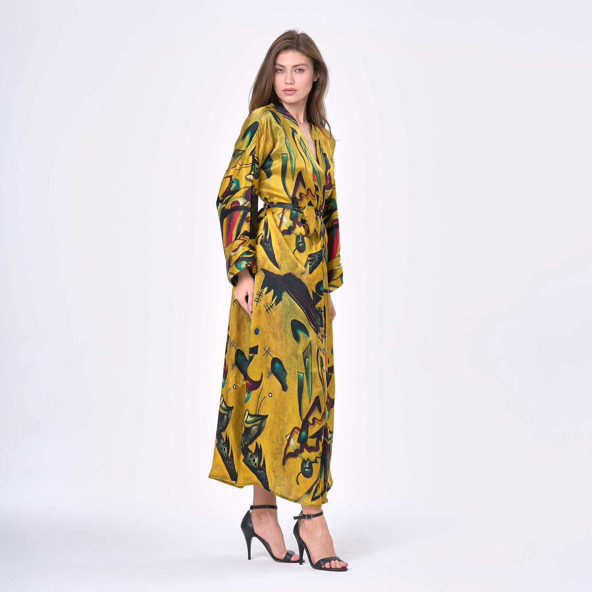 %100 İpek Uzun Kimono Kaftan | Point And Line Desenli