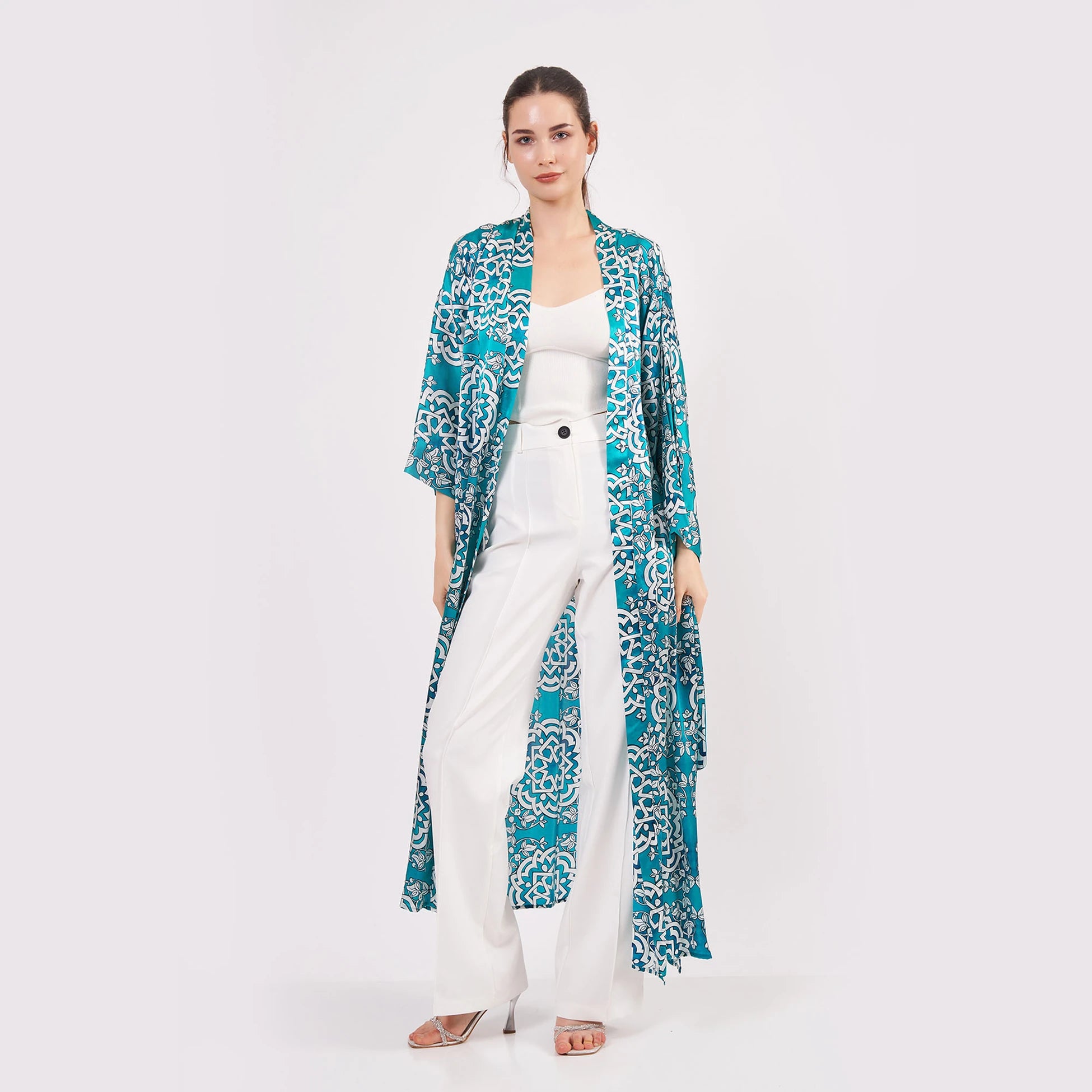 Saf İpek Uzun Kimono Kaftan | Çini Desen Turkuaz | Nomads Felt