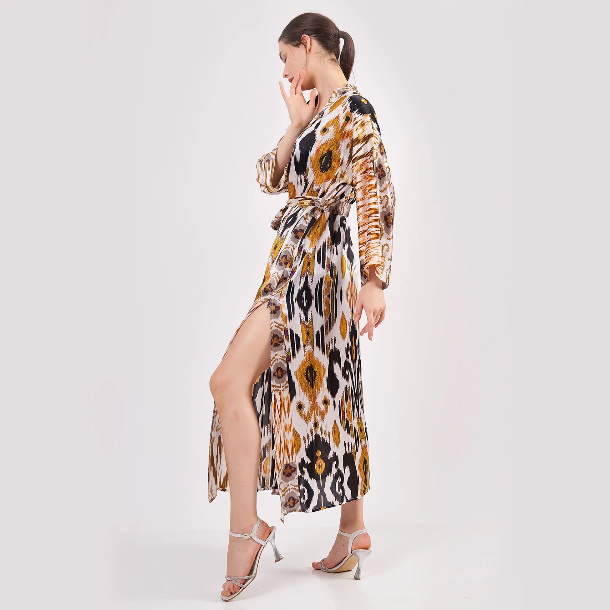 %100 İpek Uzun Kimono Kaftan | Ikat Desen 18 | Nomads Felt