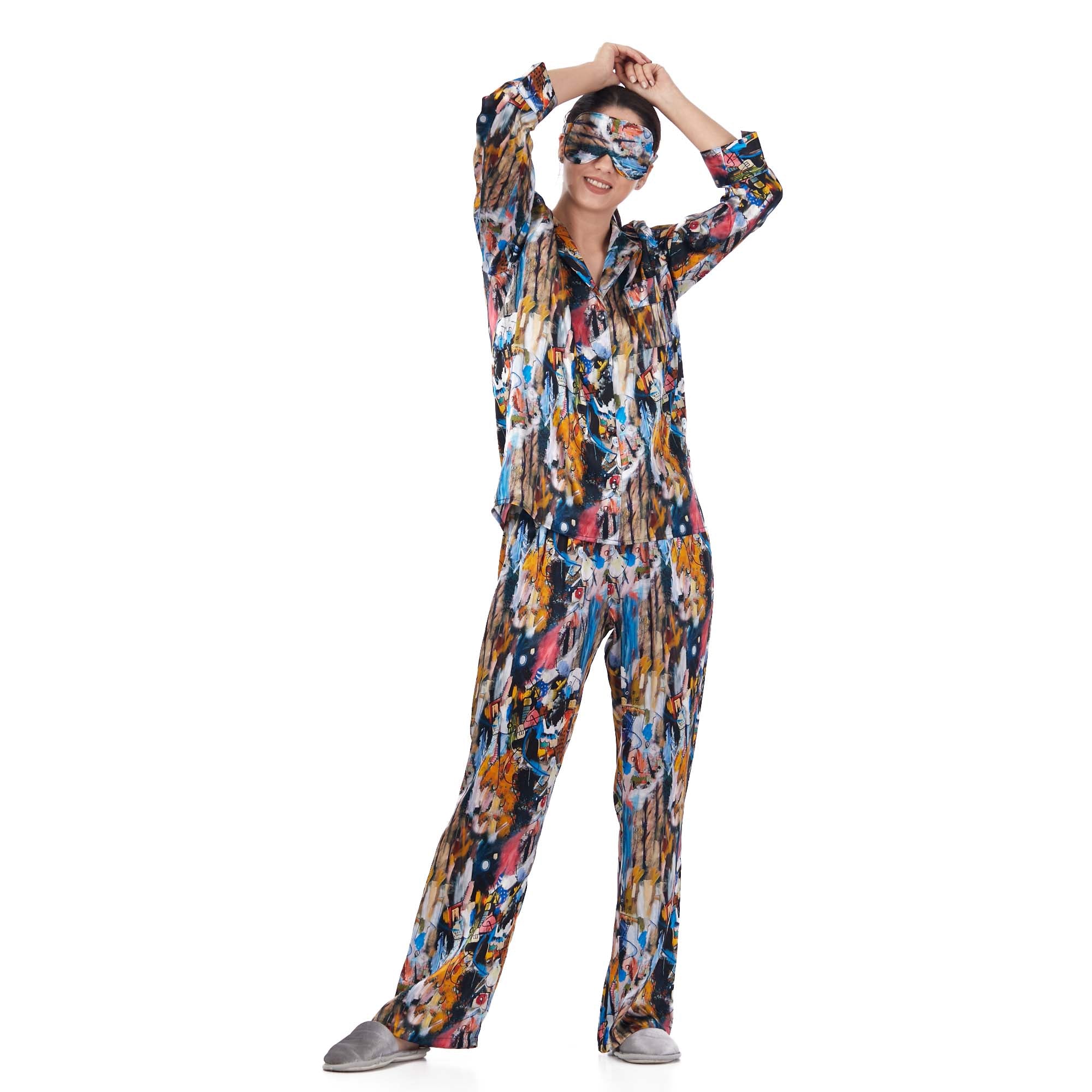 İpek Gömlek Pantolon-Pijama Takımı | Abstract Desen 7 | Nomads Felt
