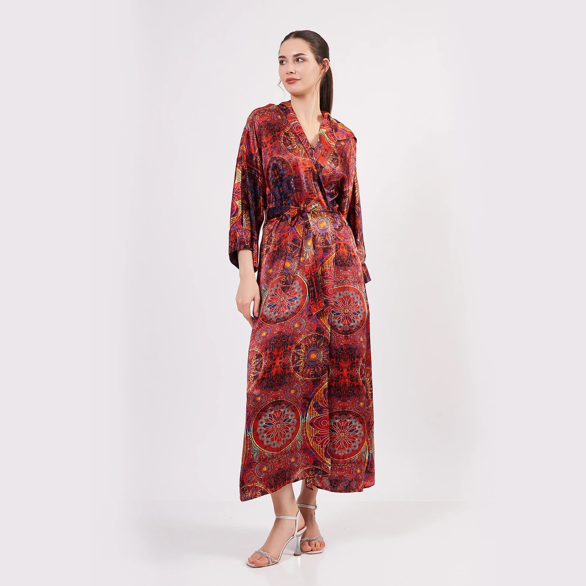 Saf İpek Kapüşonlu Kimono Kaftan | Mandala Desen Kırmızı | Nomads Felt