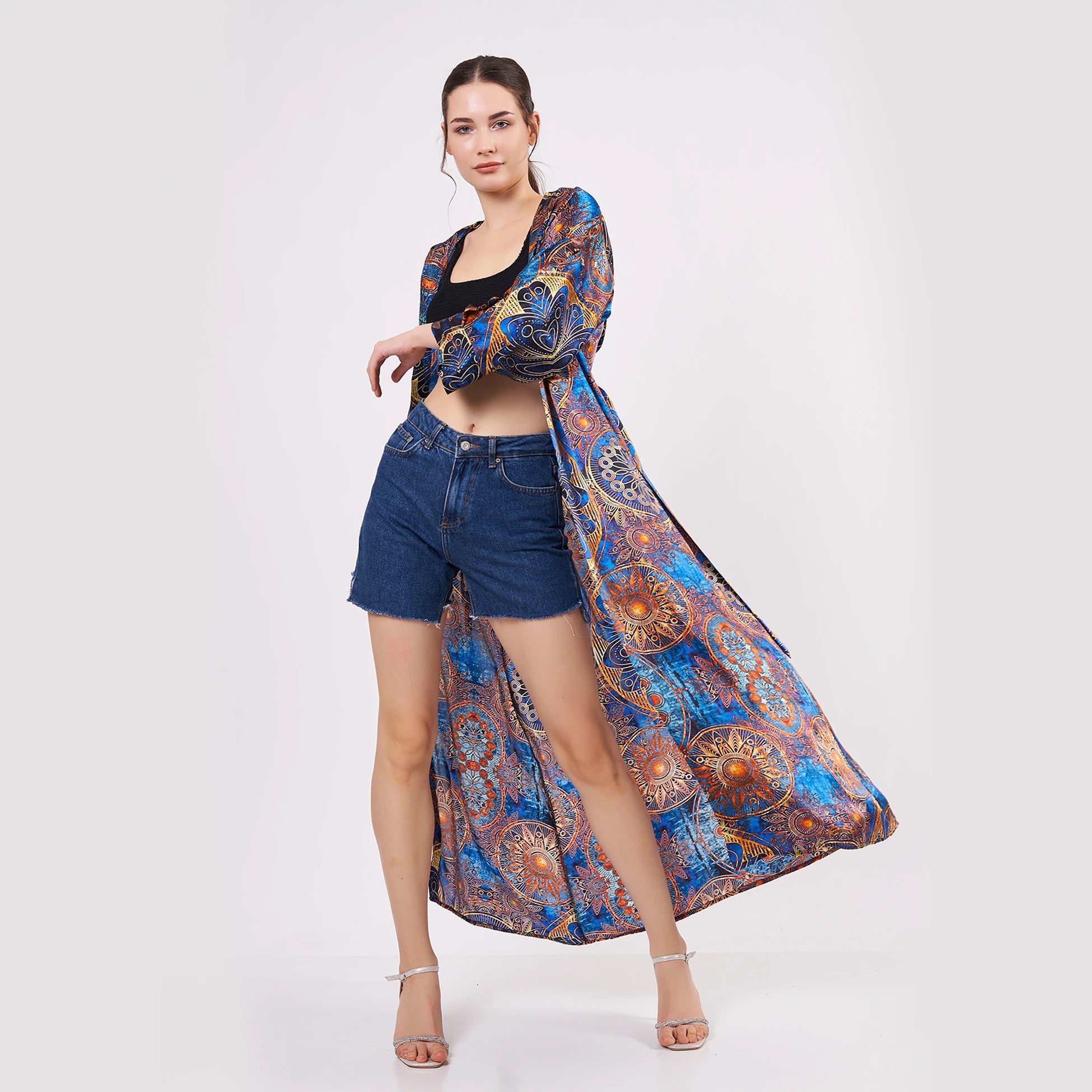 Saf İpek Kapüşonlu Kimono Kaftan | Mandala Desen Mavi | Nomads Felt