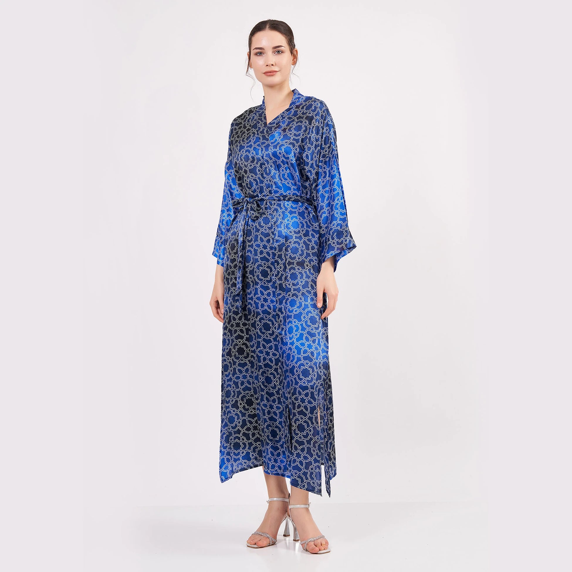 %100 İpek Uzun Kimono Kaftan | Mavi Beyaz Desenli | Nomads Felt