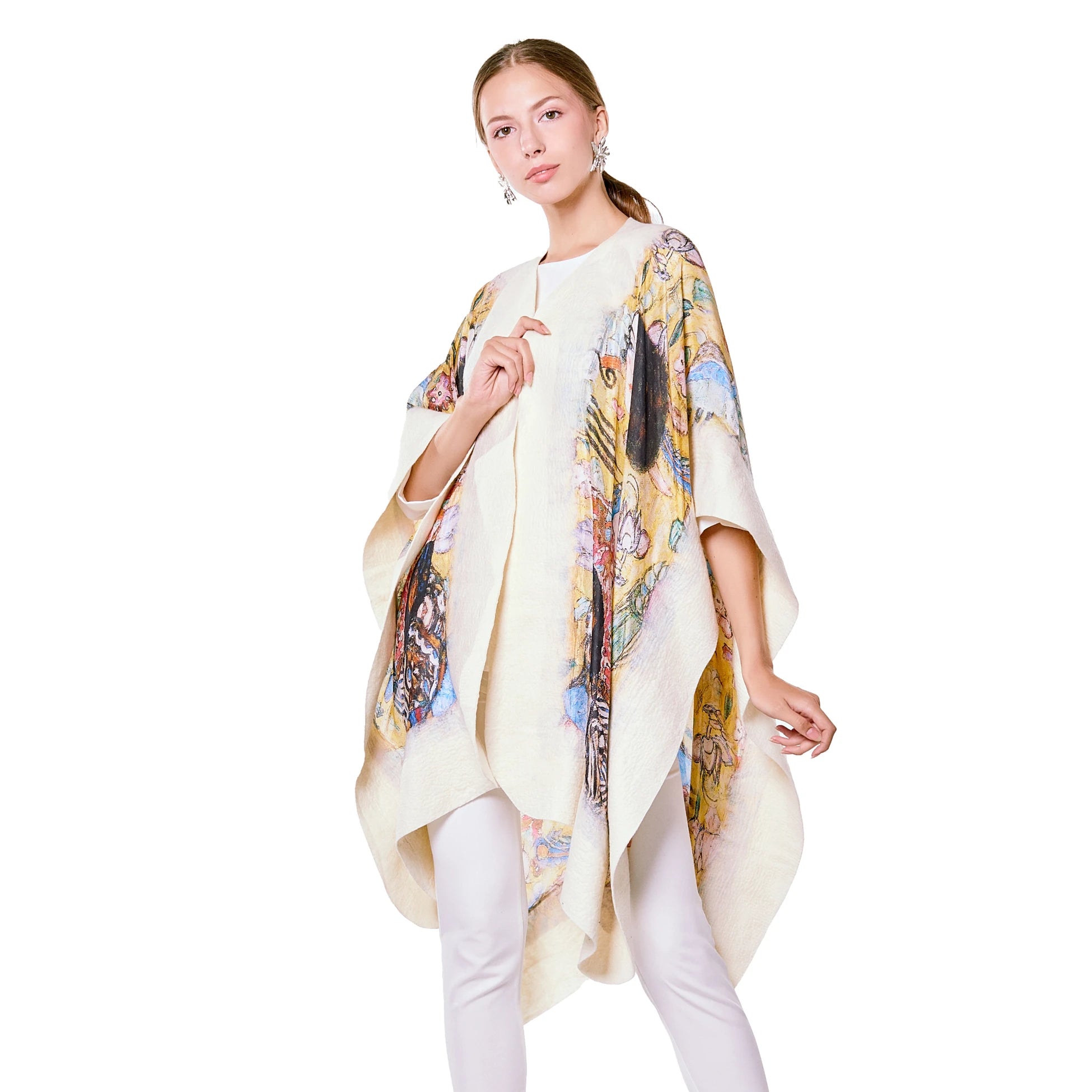İpek-Keçe Panço | Beyaz Gustav Klimt Lady with Fan | Nomads Felt