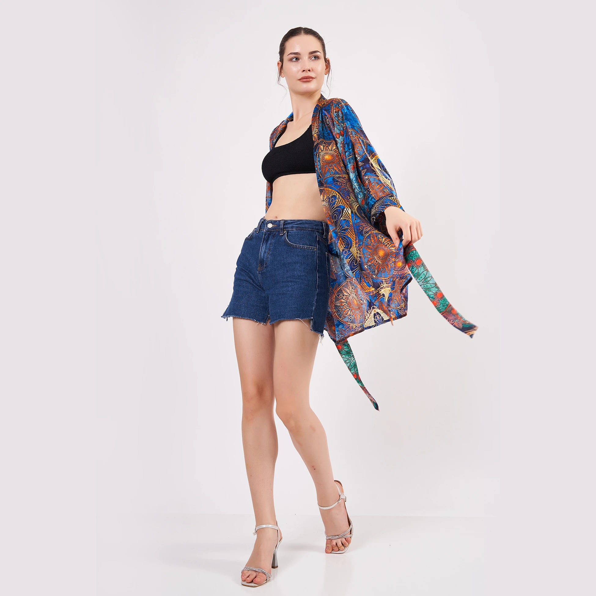 Saf İpek Kısa Kimono Kaftan | Mandala Desen 1 Mavi | Nomads Felt