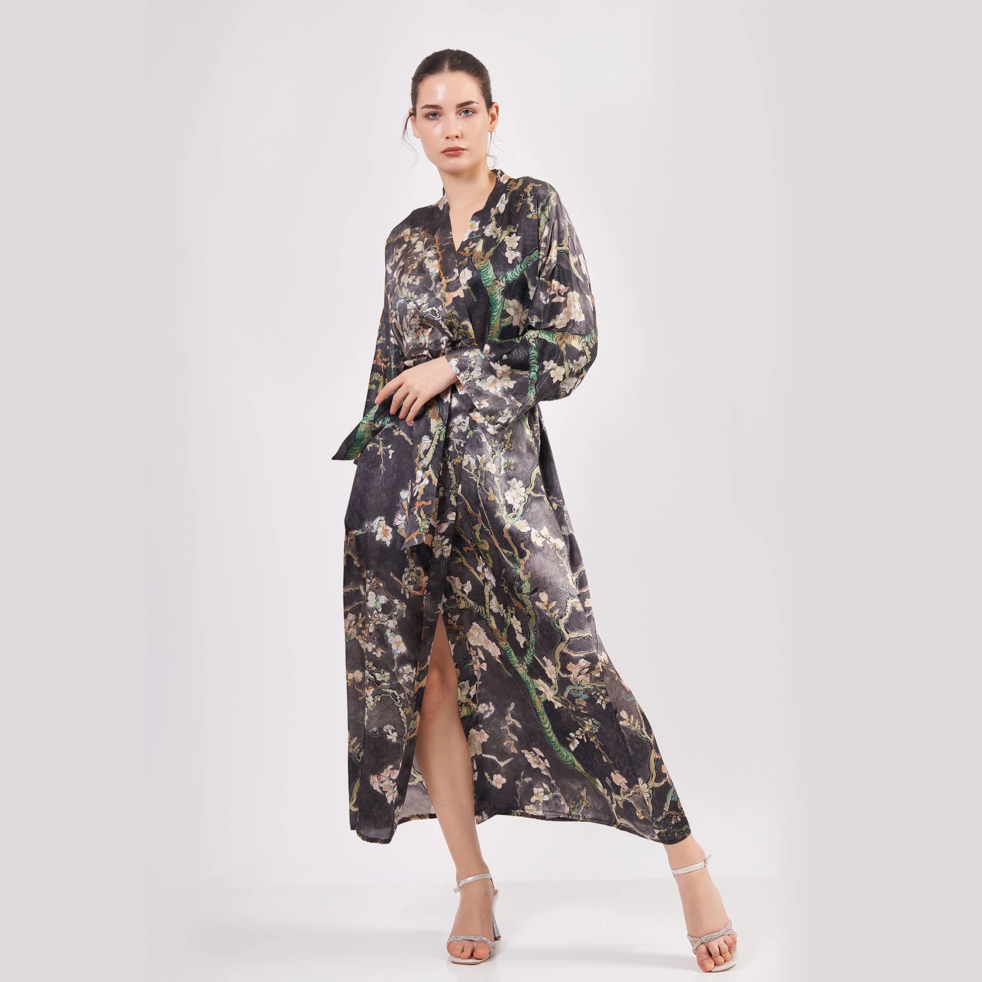 %100 İpek Kimono Kaftan | Antrasit | Van Gogh Badem Ağacı | Nomads Felt