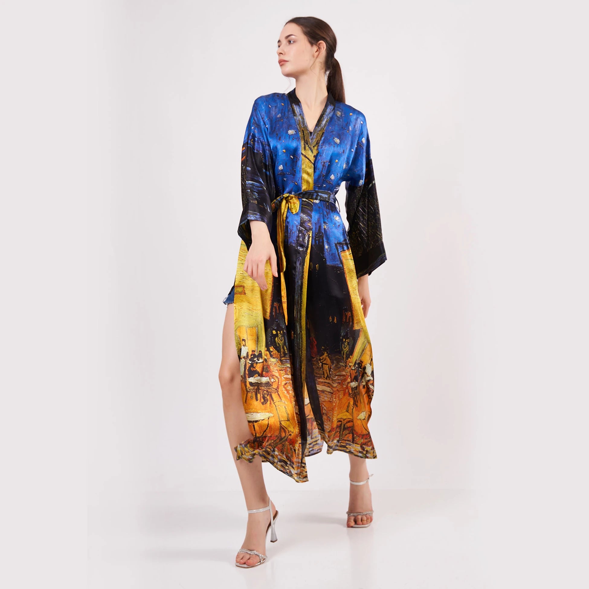 %100 İpek Uzun Kimono | Van Gogh Cafe Terrace at Night | Nomads Felt