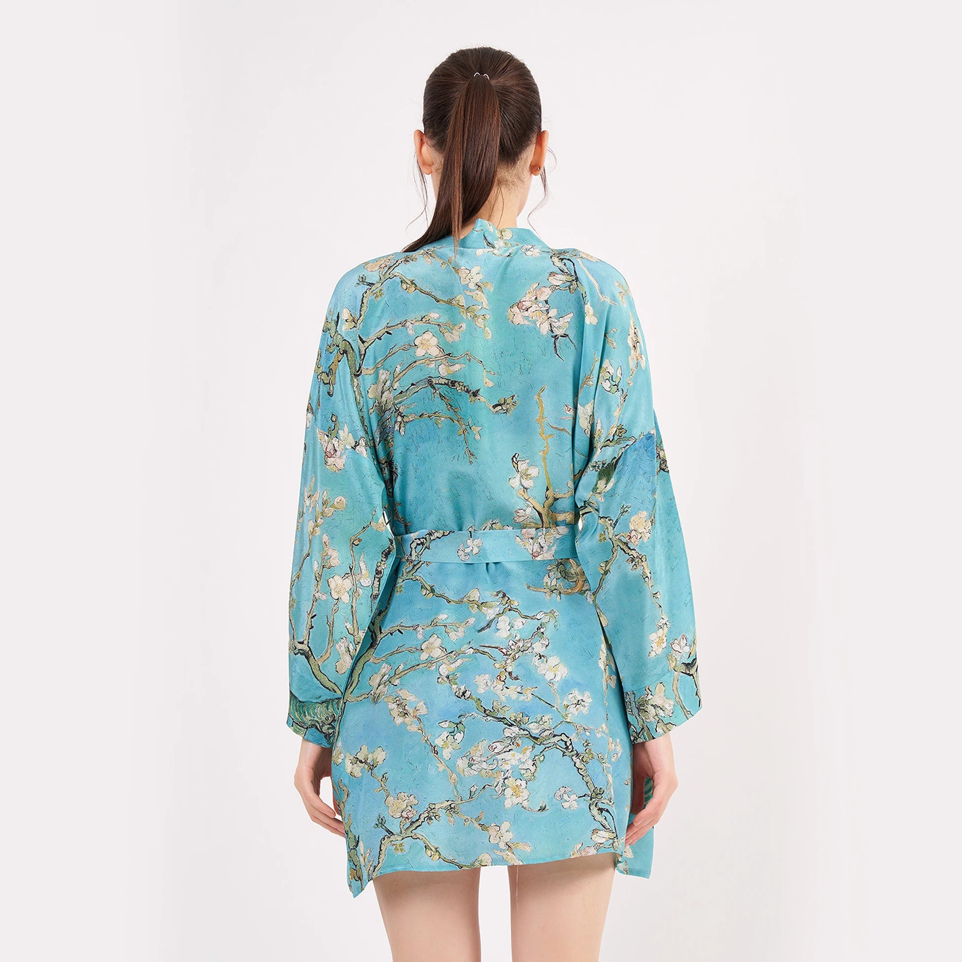 Saf İpek Kısa Kimono Kaftan | Van Gogh Badem Ağacı Turkuaz | Nomads Felt
