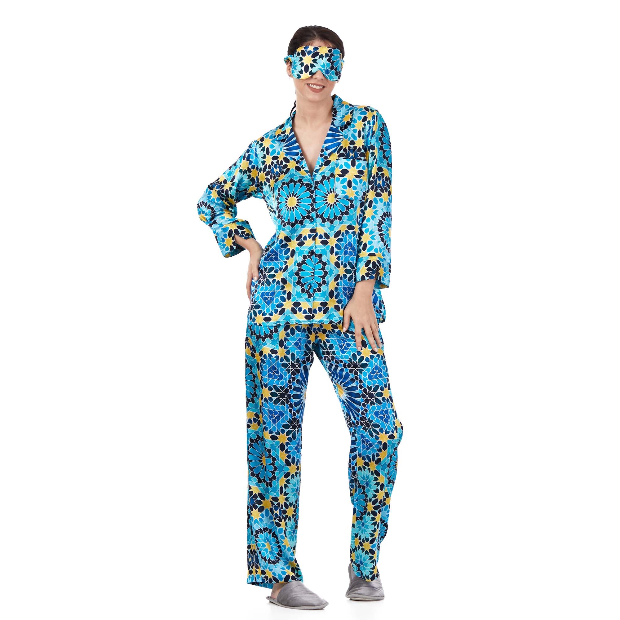 %100 İpek Gömlek-Pantolon / Pijama Takımı | Mavi Desenli | Nomads Felt