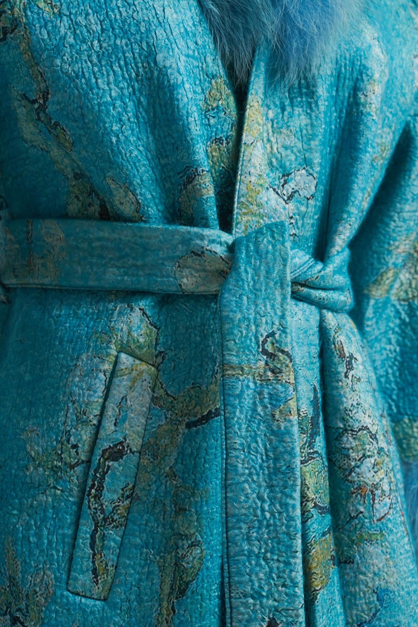 Van Gogh Badem Ağacı Desenli Turkuaz Kürklü Ceket