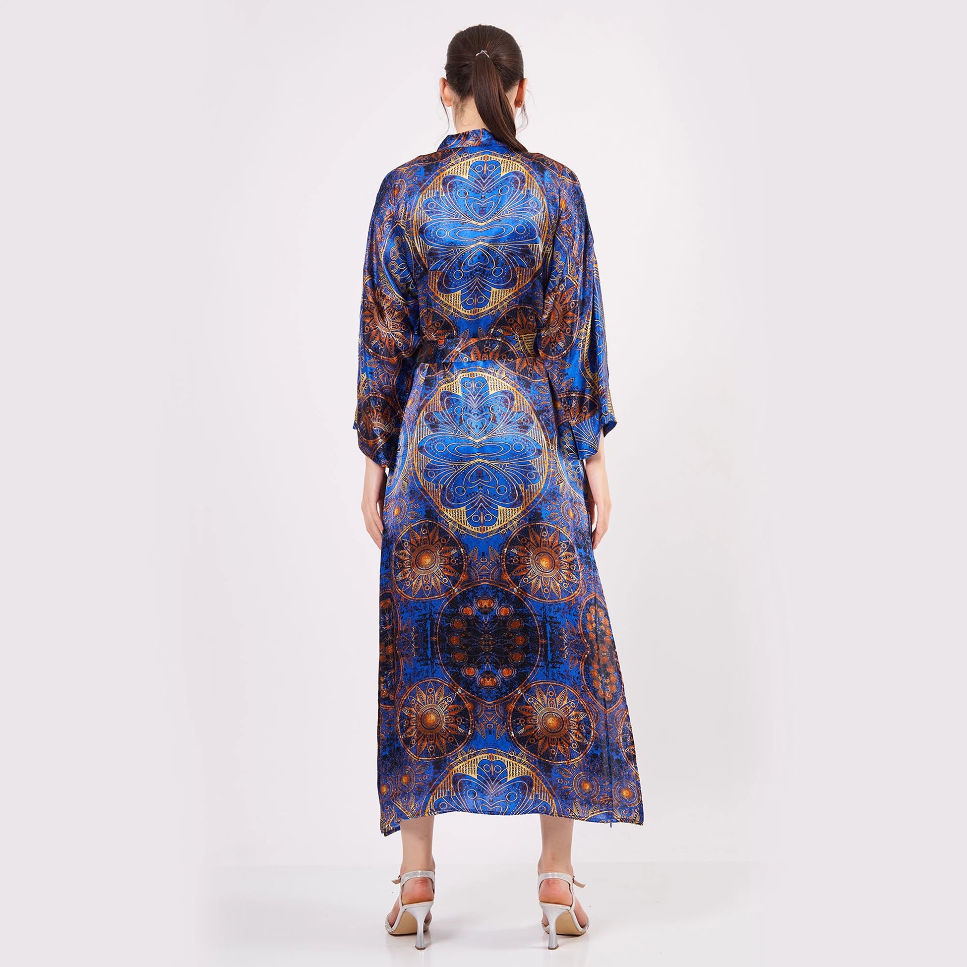Saf İpek Uzun Kimono Kaftan | Mandala Desen 2 | Saks Mavi | Nomads Felt