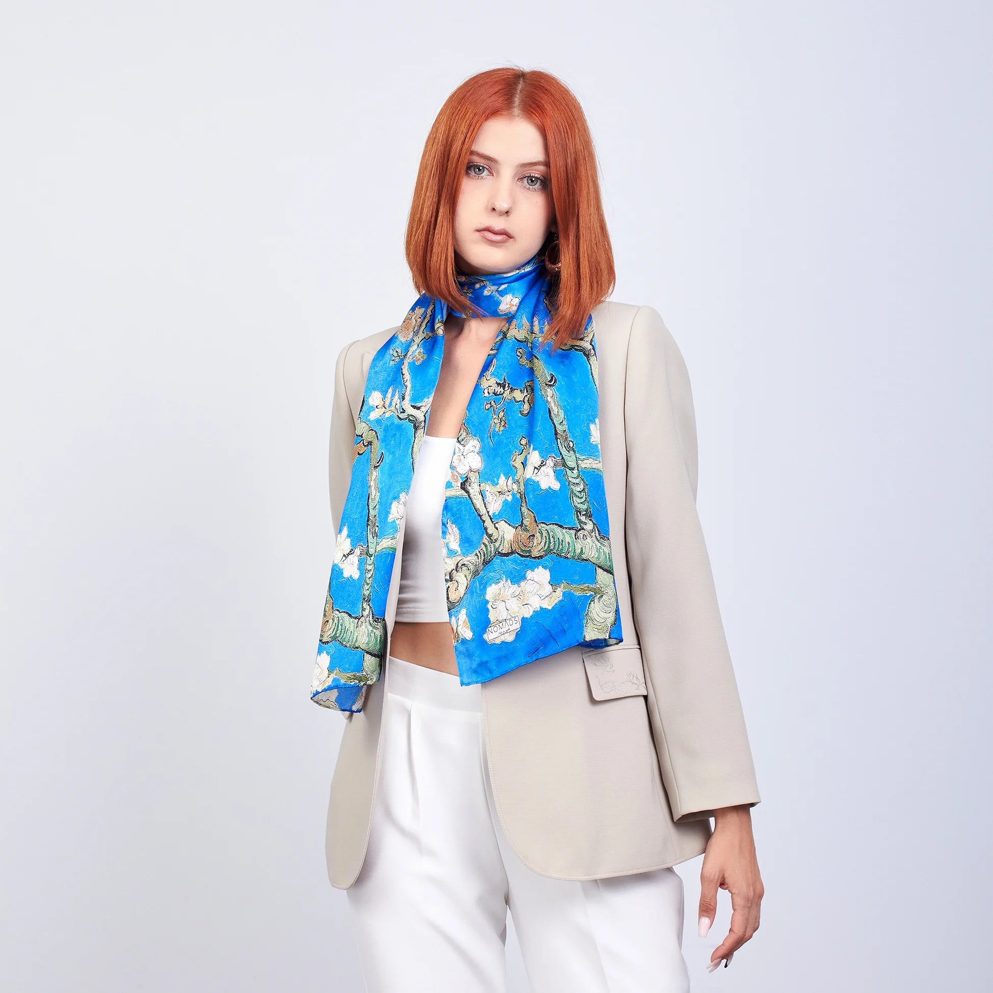%100 İpek Fular | 55x180 cm | Mavi Van Gogh Almond Blossoms | Nomads Felt
