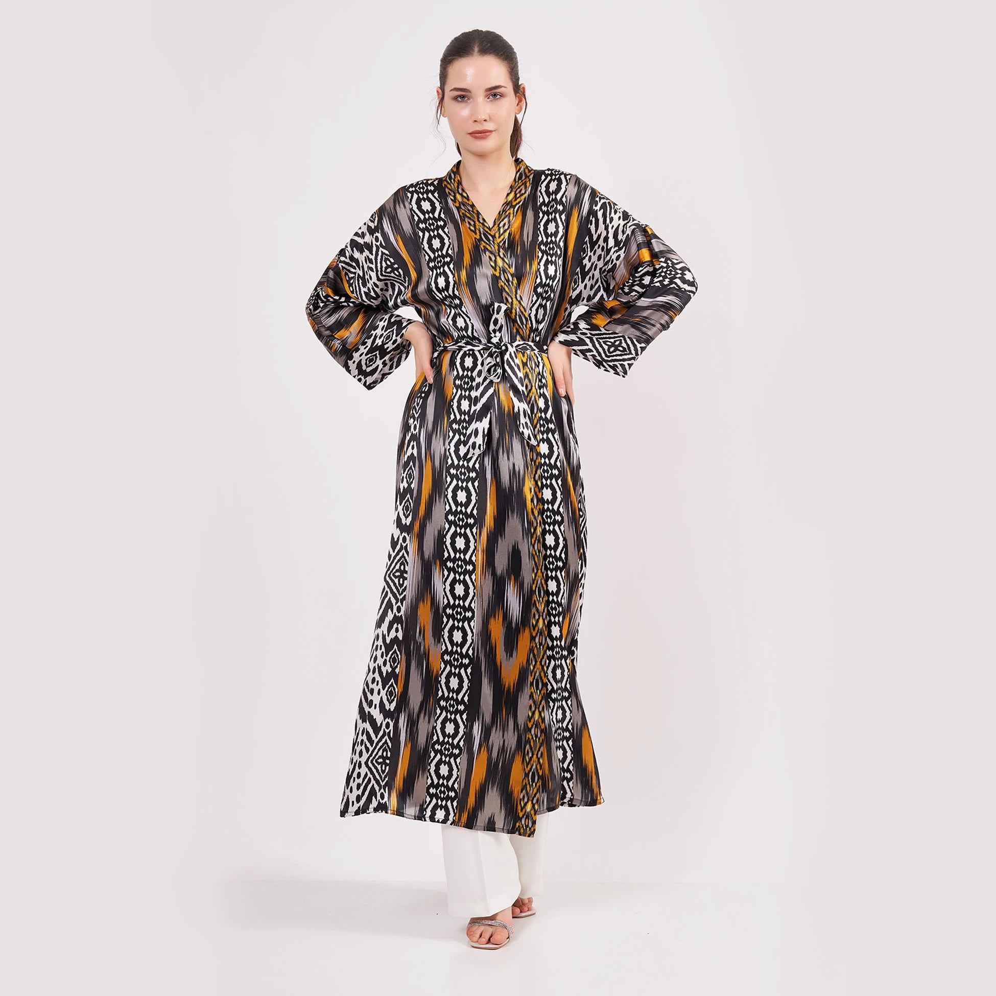 Saf İpek Uzun Kimono Kaftan | Ikat Desen 14 | Nomads Felt