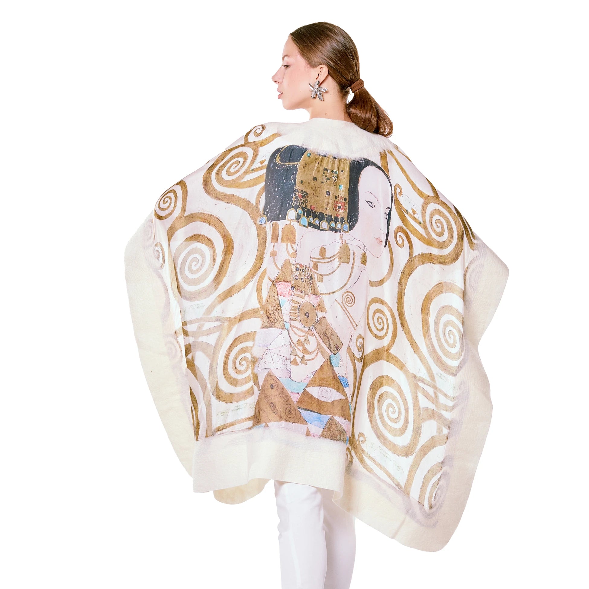 İpek-Keçe Panço | Beyaz Gustav Klimt Expectation | Nomads Felt