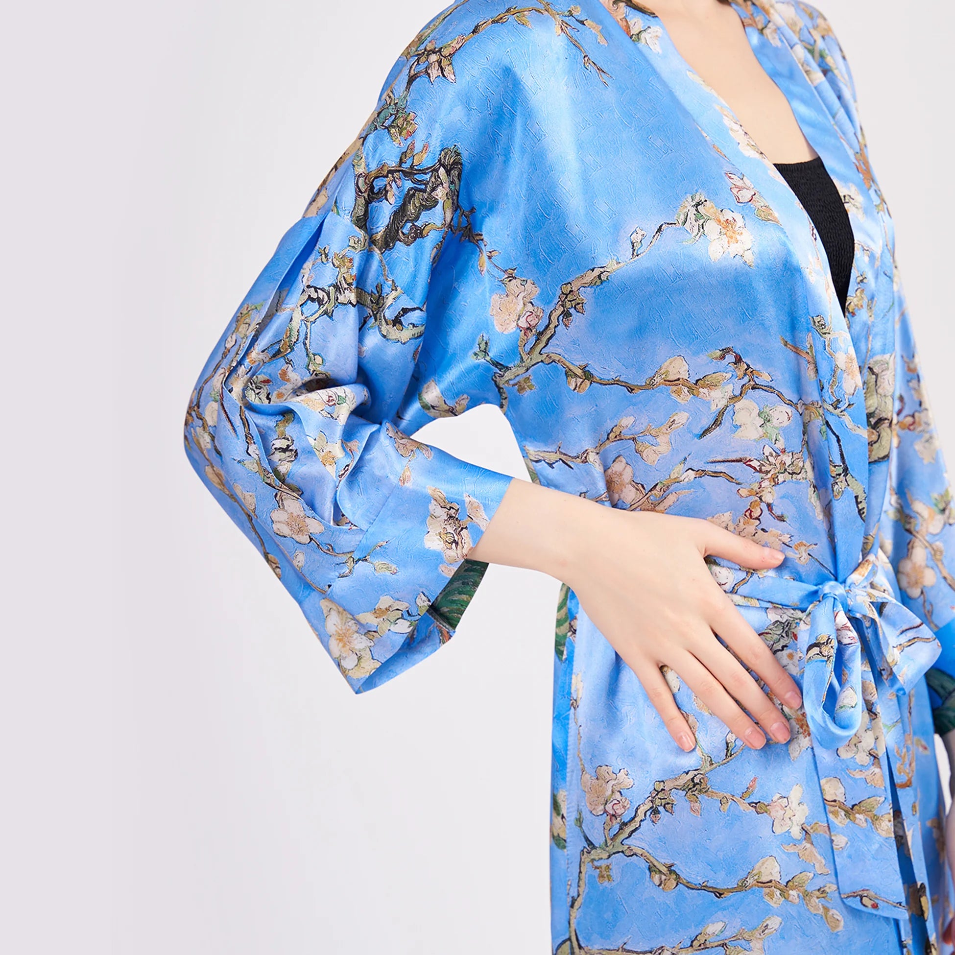 %100 İpek Kimono Kaftan | Mavi | Van Gogh Badem Ağacı | Nomads Felt