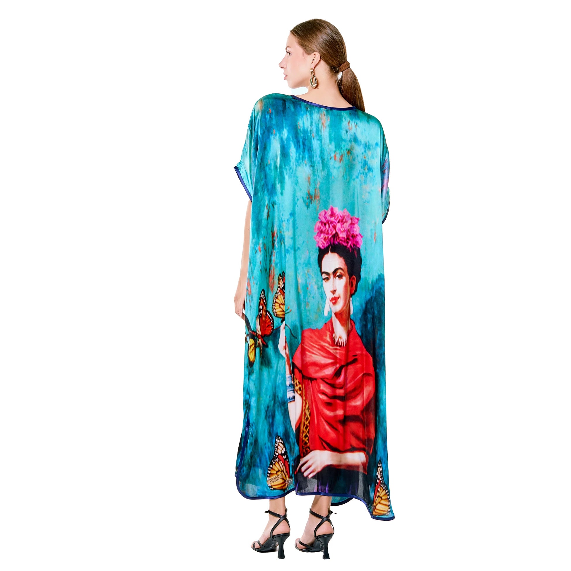 Mavi Frida Kahlo Butterfly Desenli İpek Elbise