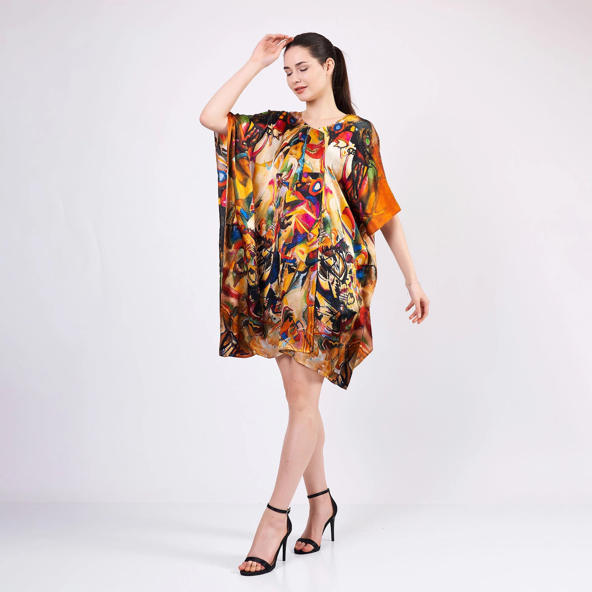 %100 İpek Kısa Kimono Pareo | Kandinsky Composition VII | Nomads Felt