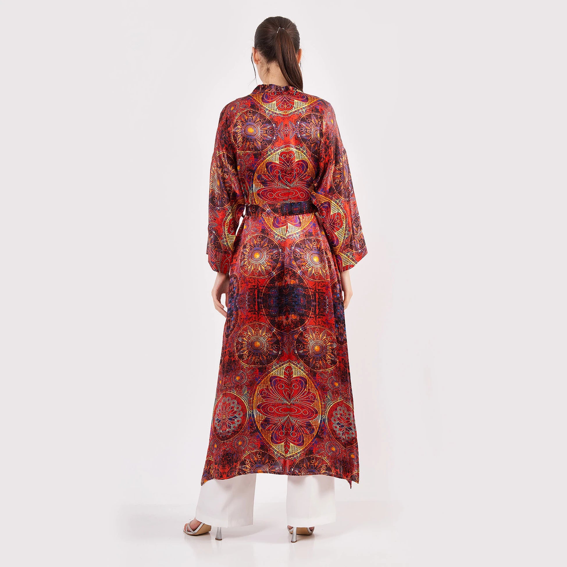 %100 İpek Kimono Kaftan | Kırmızı Mandala Desen | Nomads Felt