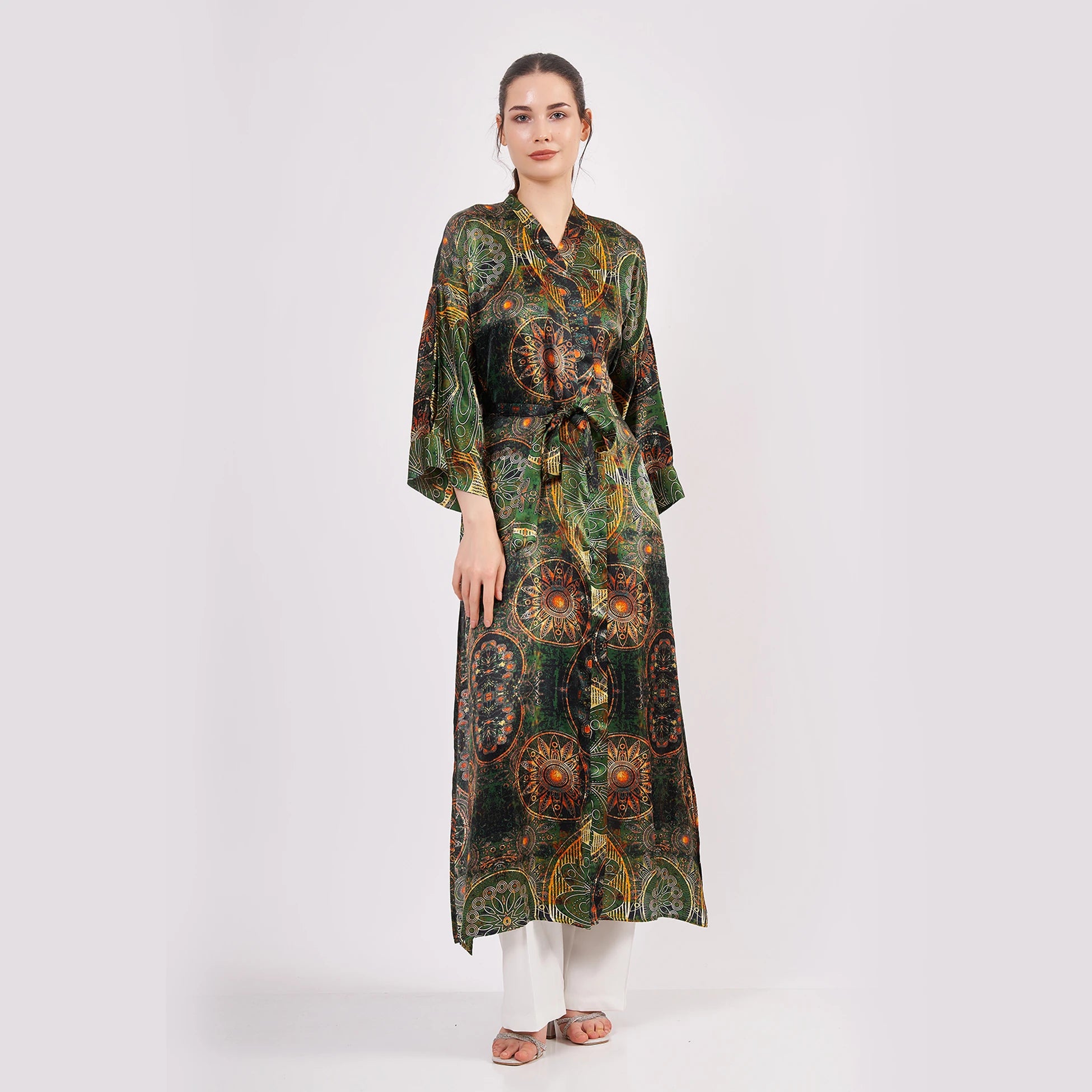 Saf İpek Kimono Kaftan | Mandala Desen | Haki