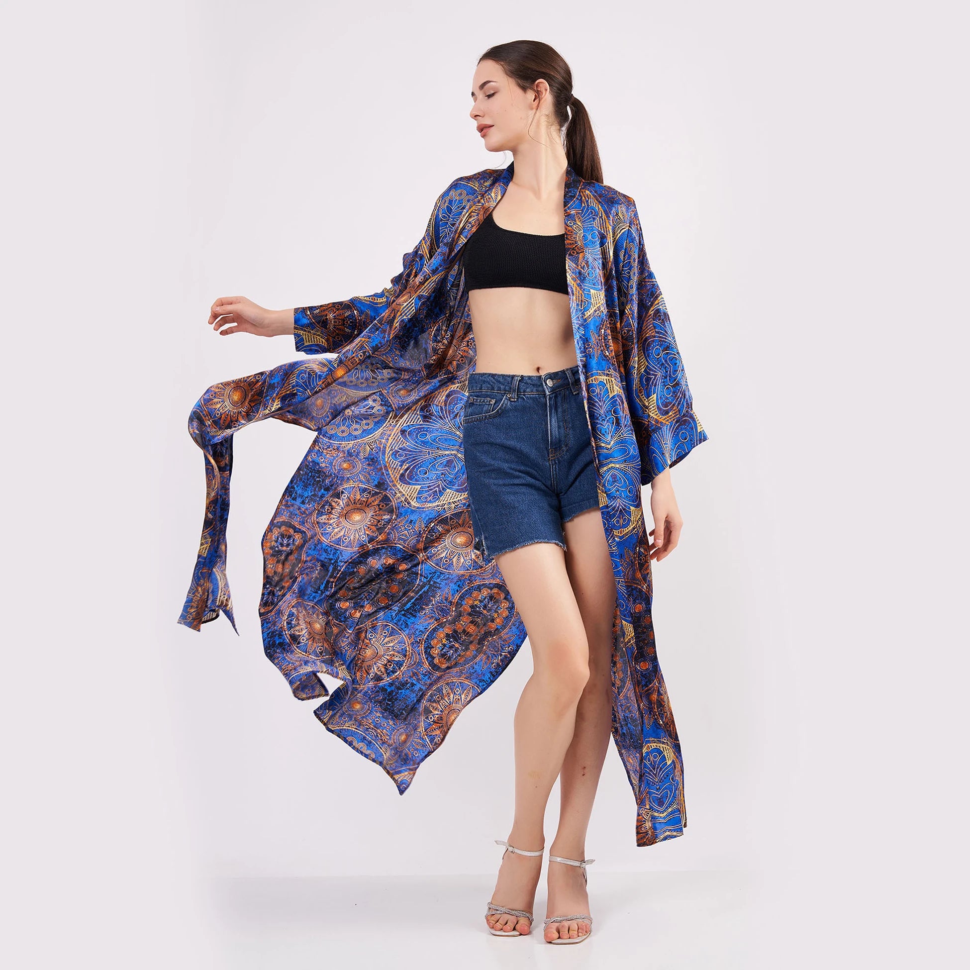 Saf İpek Uzun Kimono Kaftan | Mandala Desen 2 | Saks Mavi | Nomads Felt