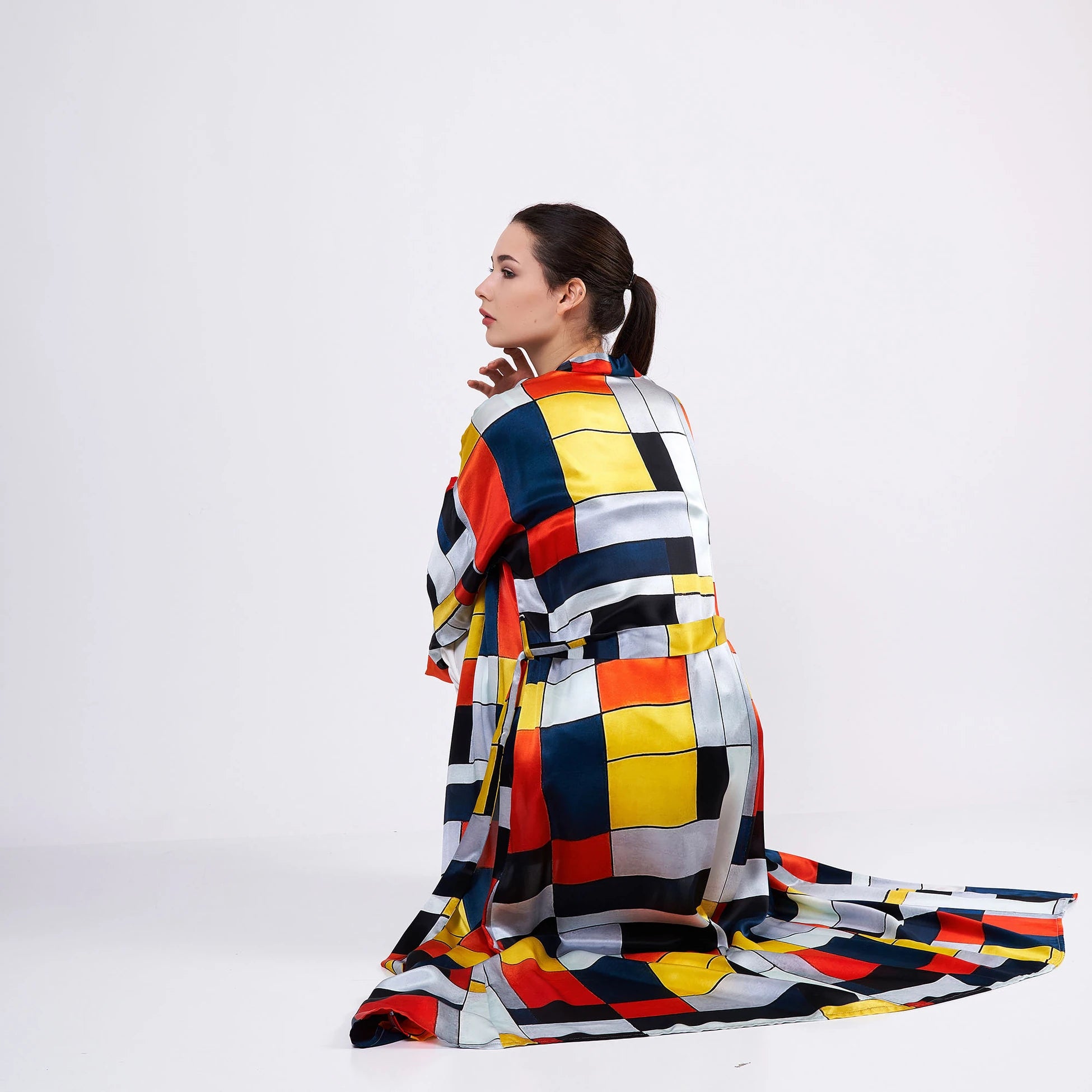 Saf İpek Uzun Kimono Kaftan | Geometrik Desen | Nomads Felt