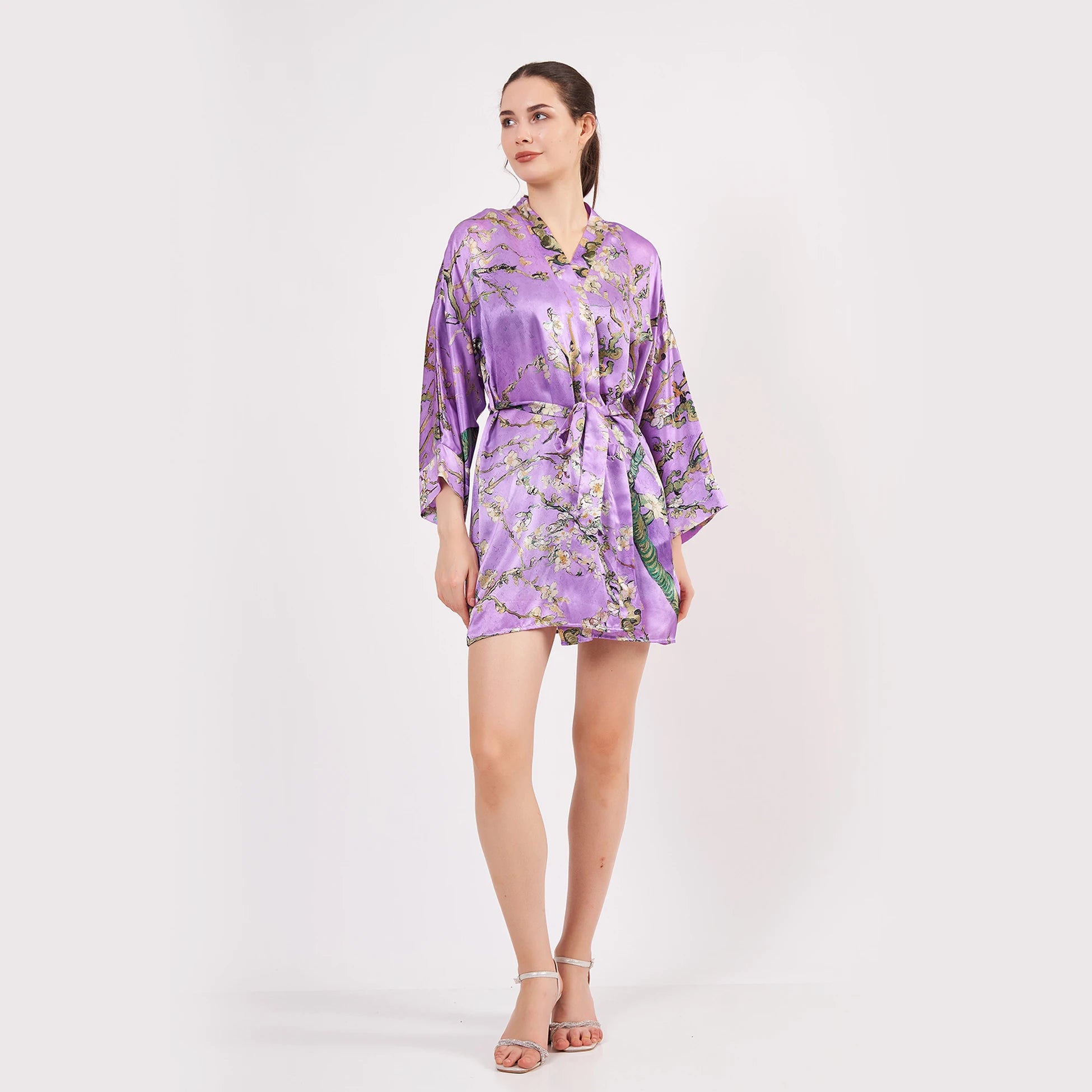 Saf İpek Kısa Kimono Kaftan | Van Gogh Badem Ağacı Mor | Nomads Felt