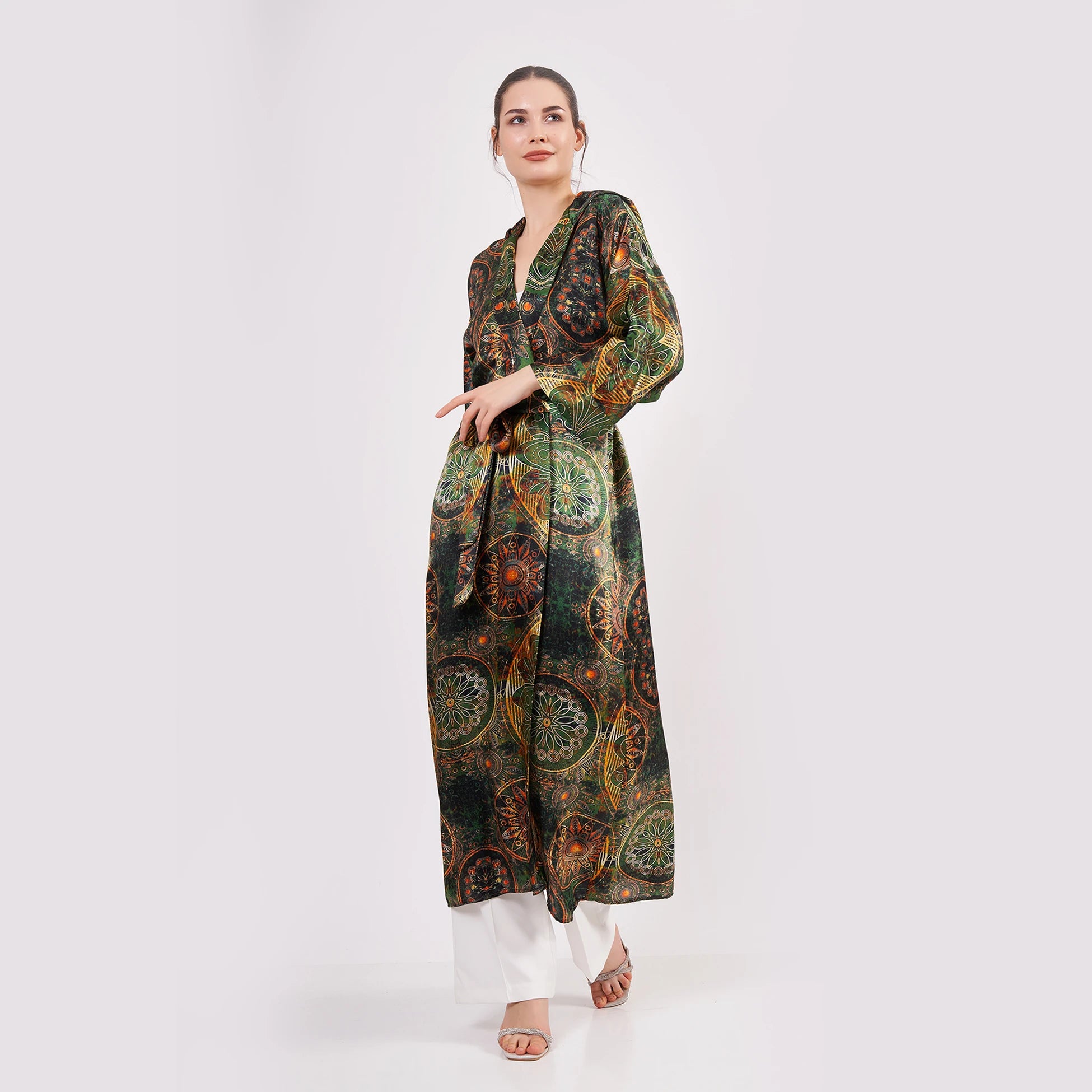 Saf İpek Kapüşonlu Kimono Kaftan | Mandala Desen Haki | Nomads Felt
