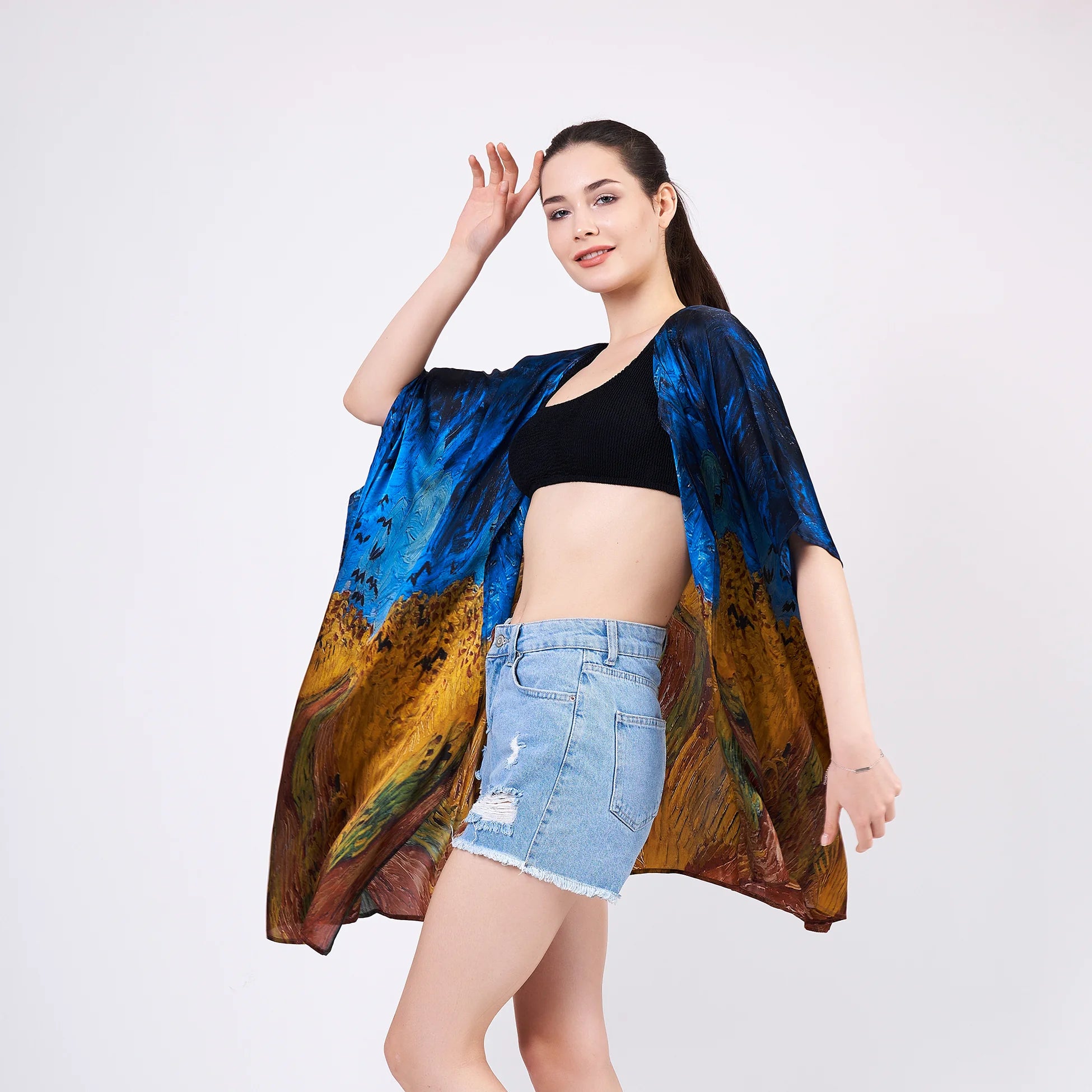 %100 İpek Kısa Kimono Pareo | Van Gogh Wheatfield with Crows | Nomads Felt