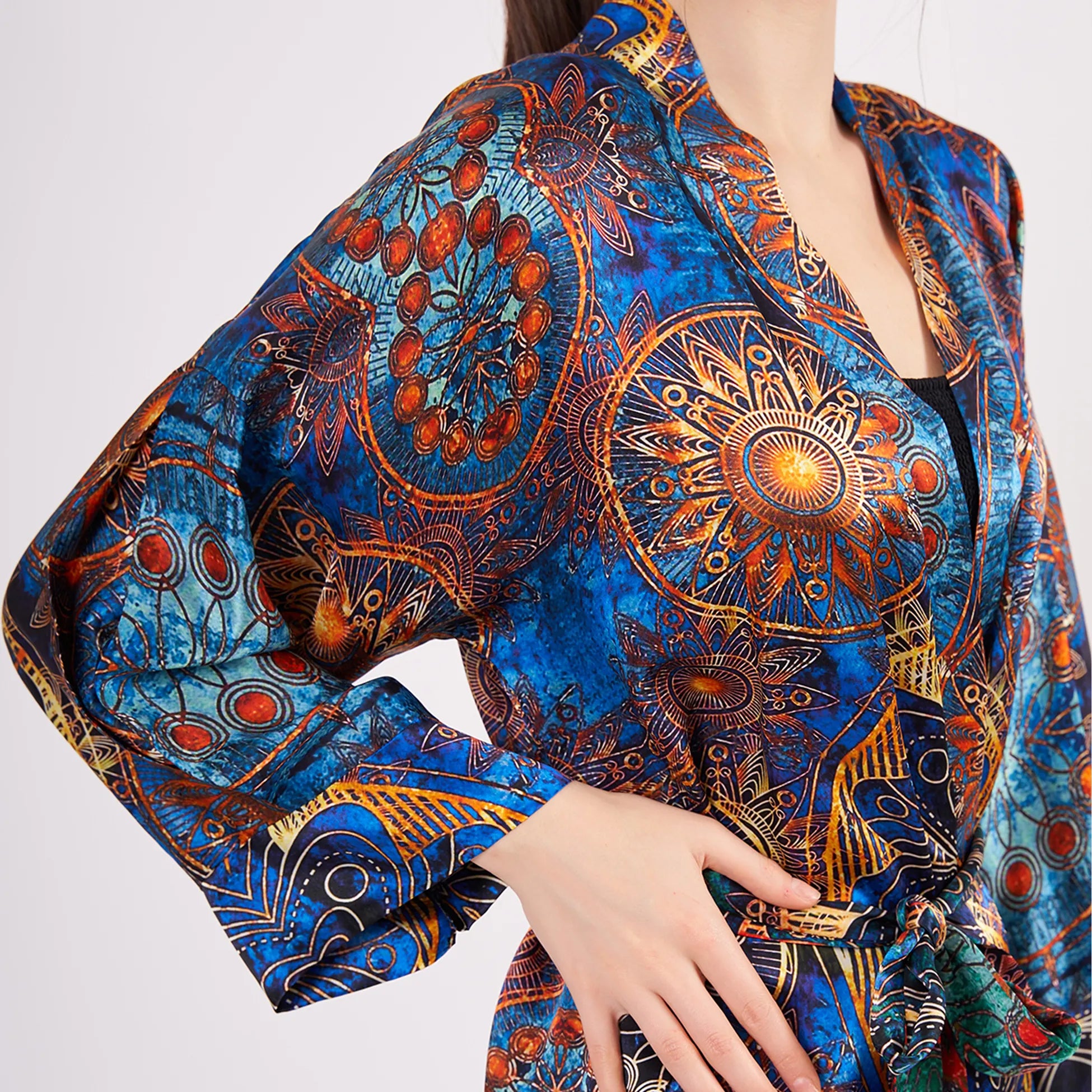Saf İpek Kısa Kimono Kaftan | Mandala Desen 1 Mavi | Nomads Felt