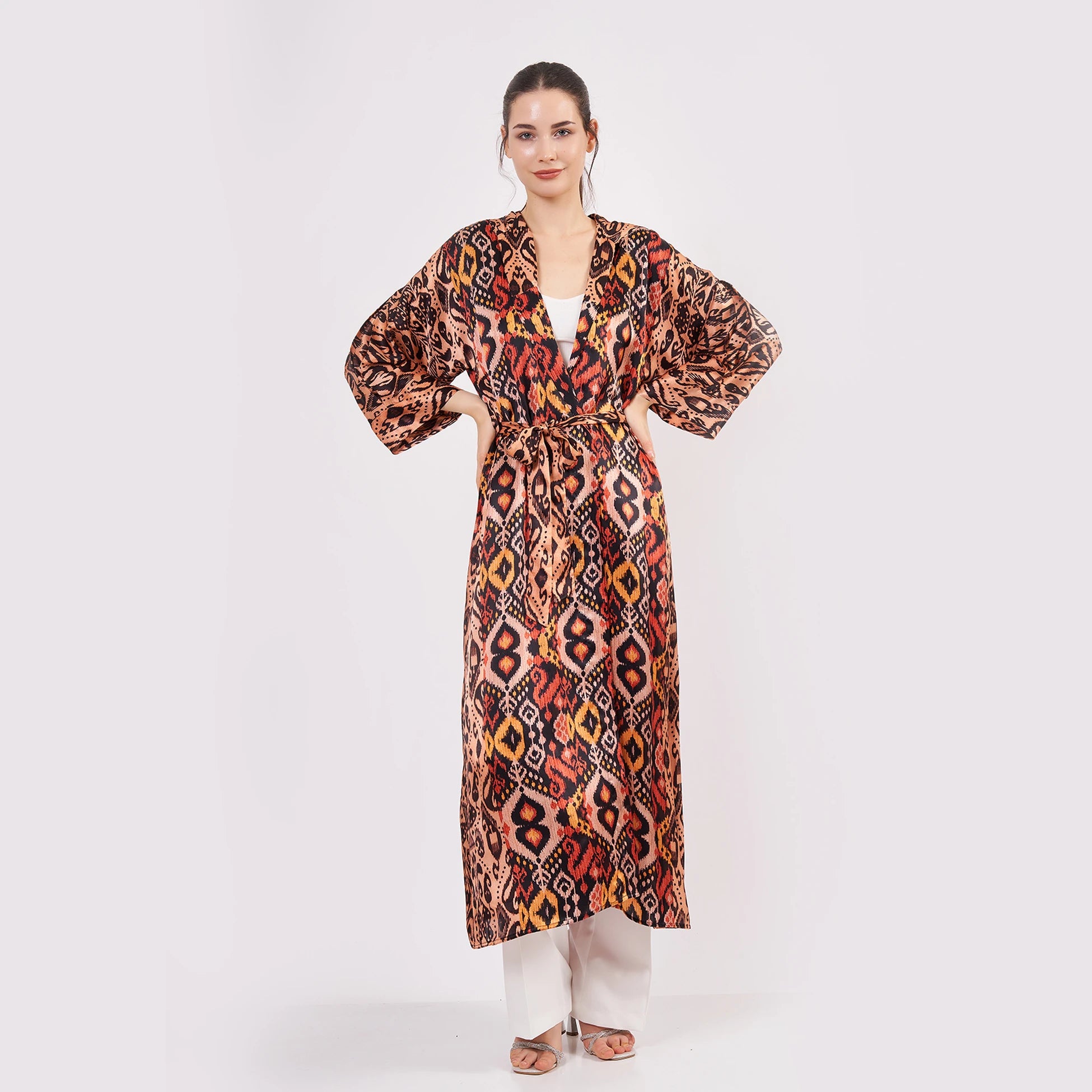 Saf İpek Kapüşonlu Kimono Kaftan İkat Desen 17 | Nomads Felt
