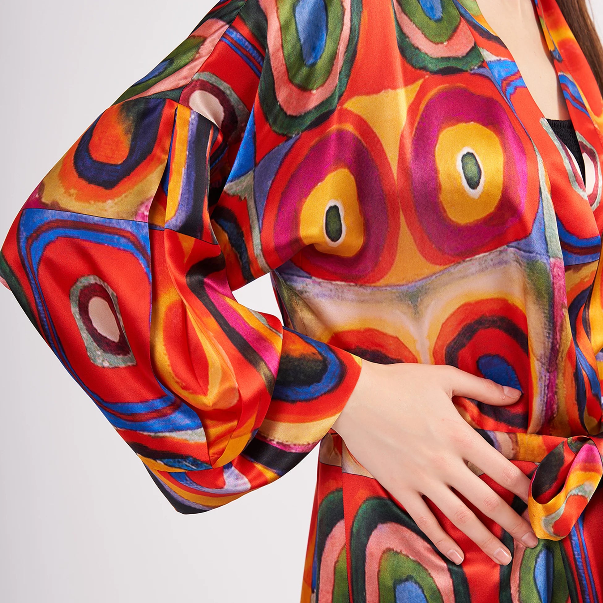 Saf İpek Kısa Kimono Kaftan | Kandinsky Squares with Circles | Nomads Felt