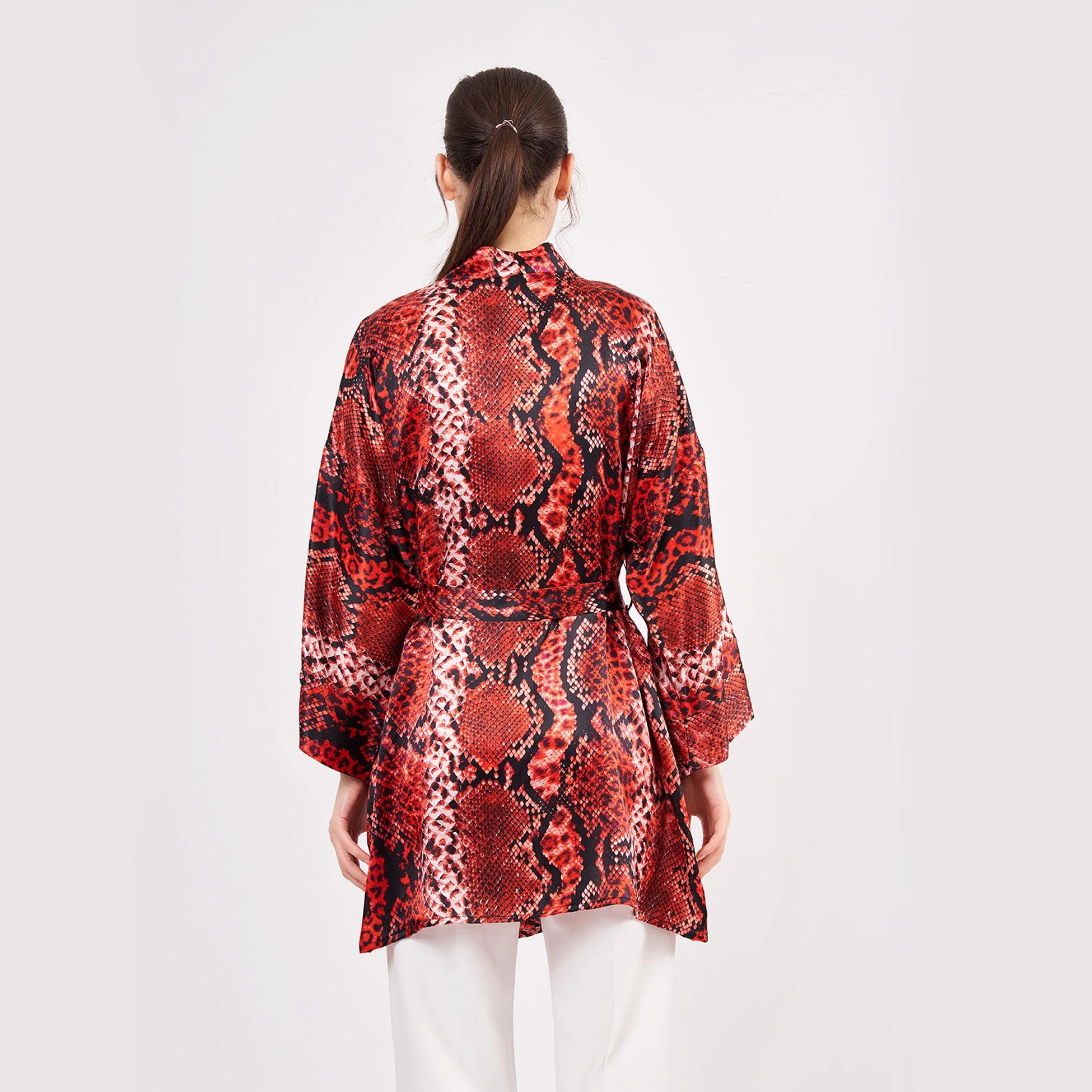 Saf İpek Kısa Kimono Kaftan | Yılan Derisi Desen Kırmızı | Nomads Felt