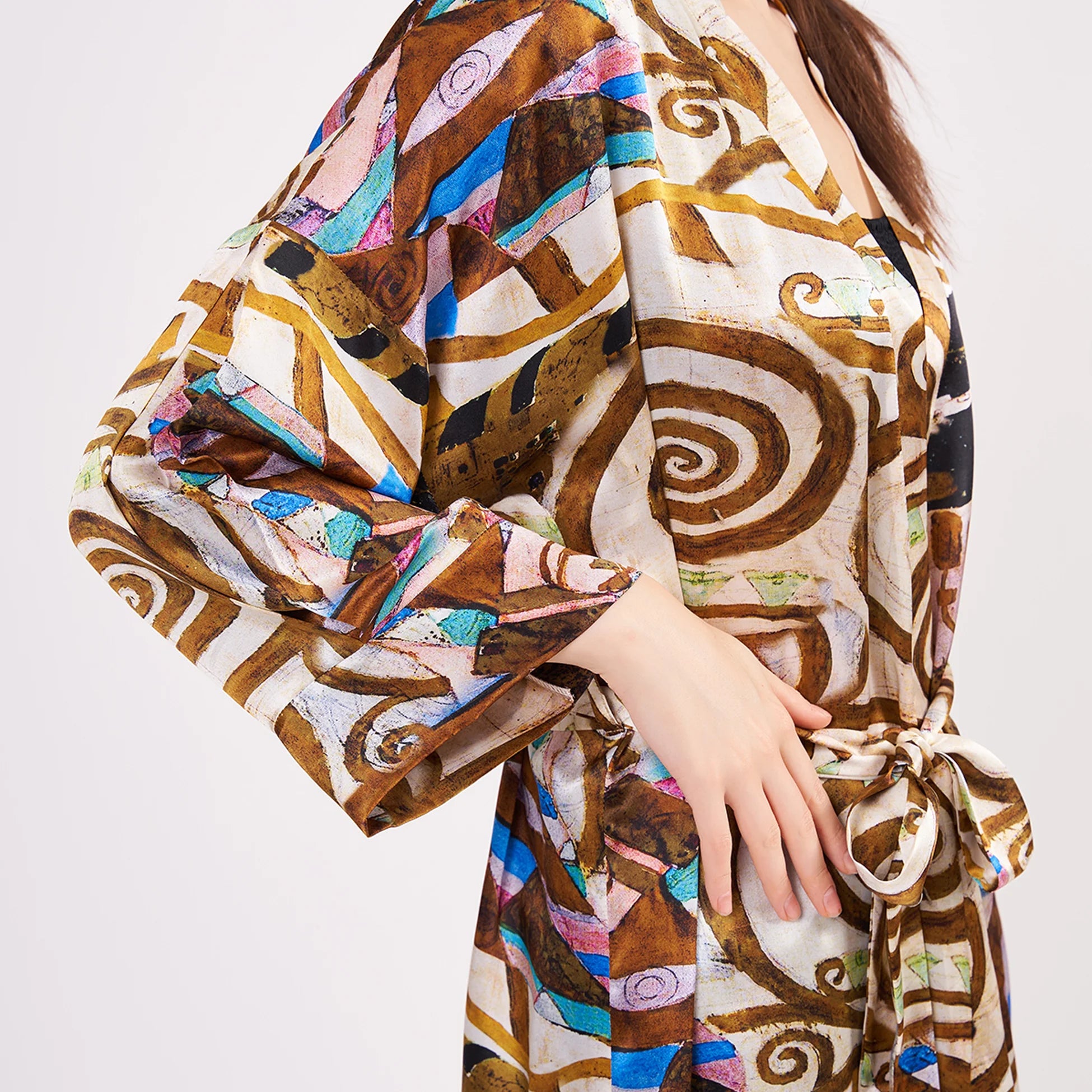 Saf İpek Kısa Kimono Kaftan | Gustav Klimt Expectation | Nomads Felt