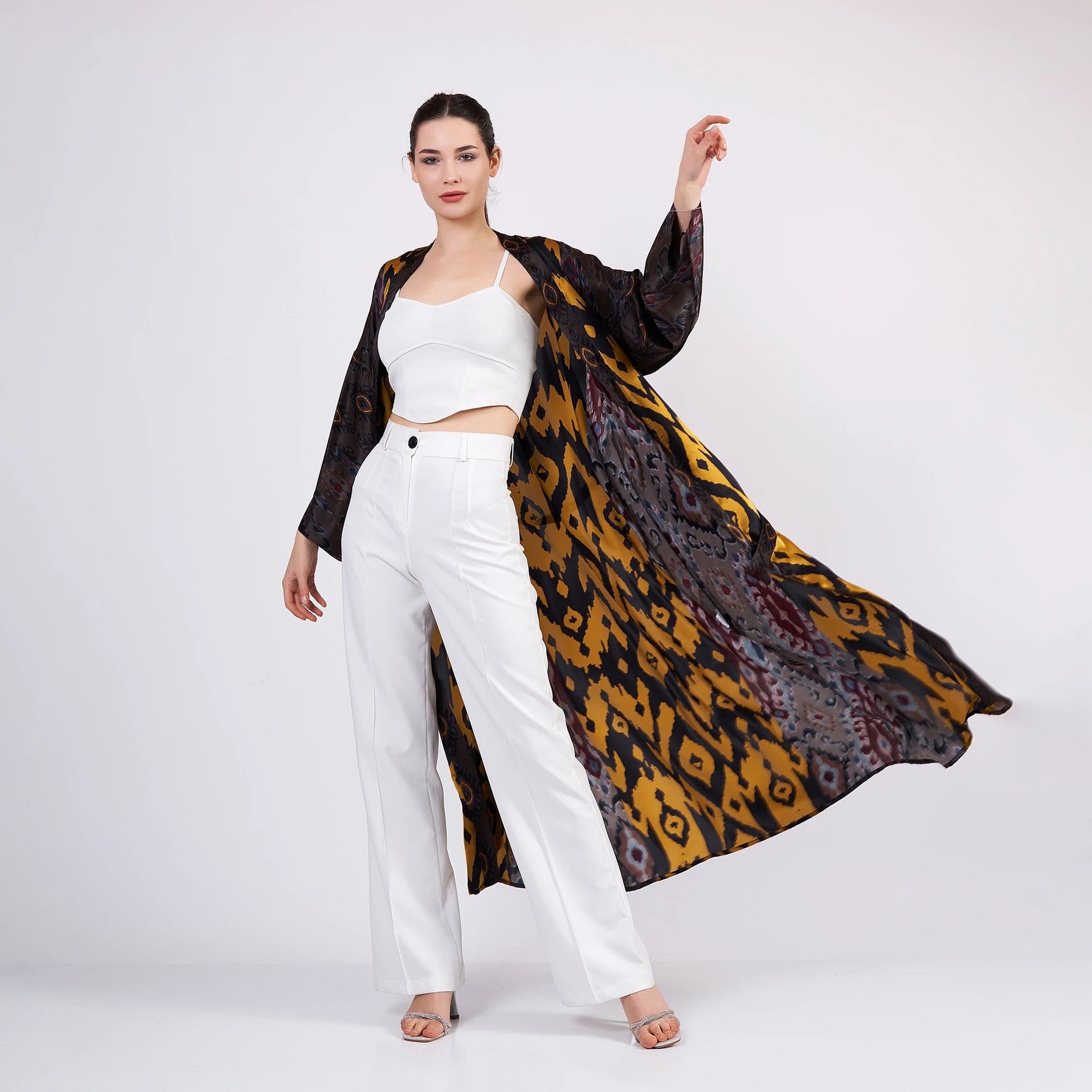 İpek Uzun Kimono Kaftan | Siyah-Gold Ikat Desen