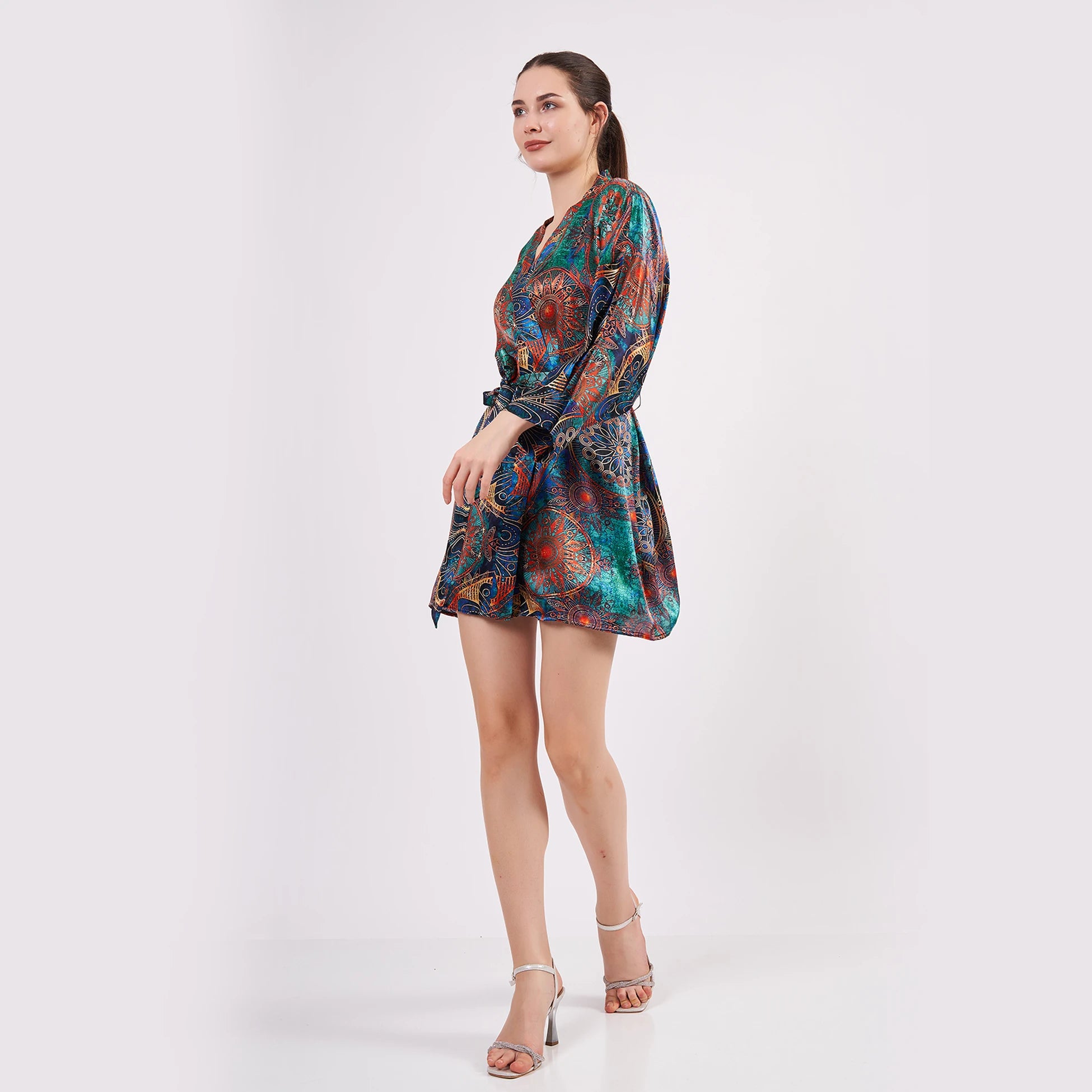 Saf İpek Kısa Kimono Kaftan | Mandala Desen 2 Yeşil | Nomads Felt
