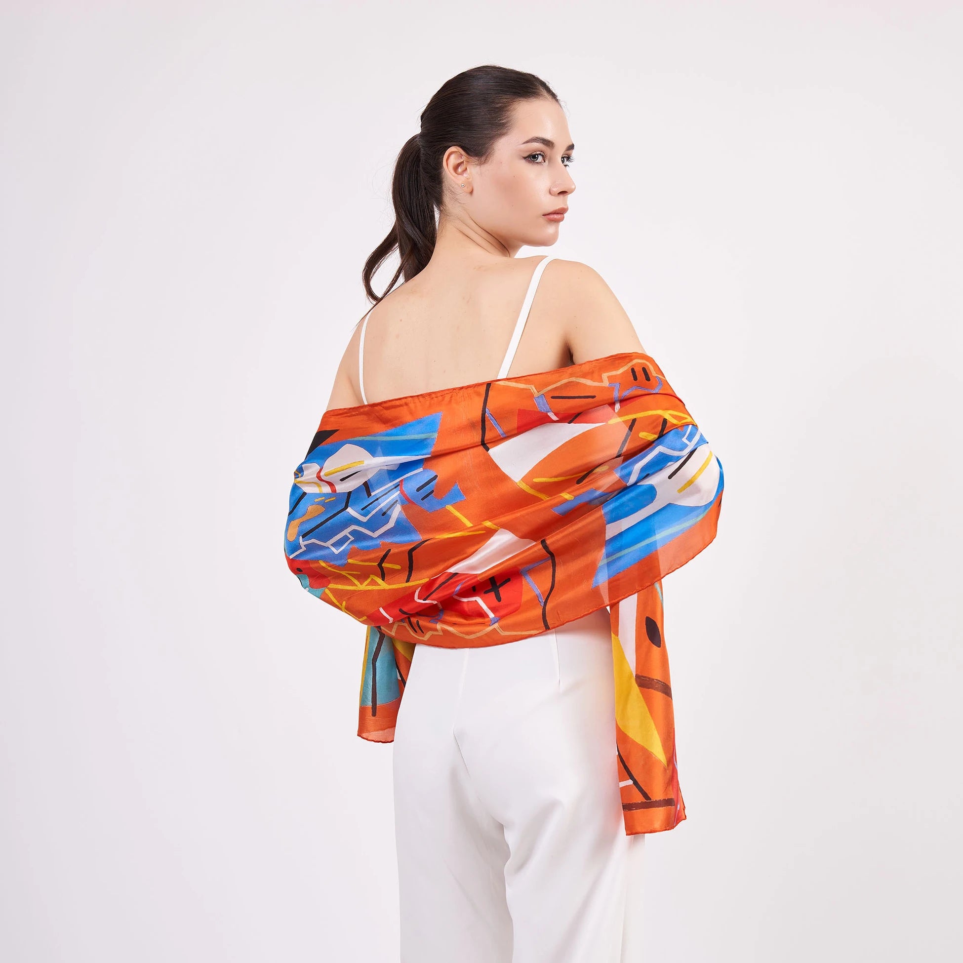 Vual İpek Fular | 55x180 cm | Turuncu Desenli | Nomads Felt