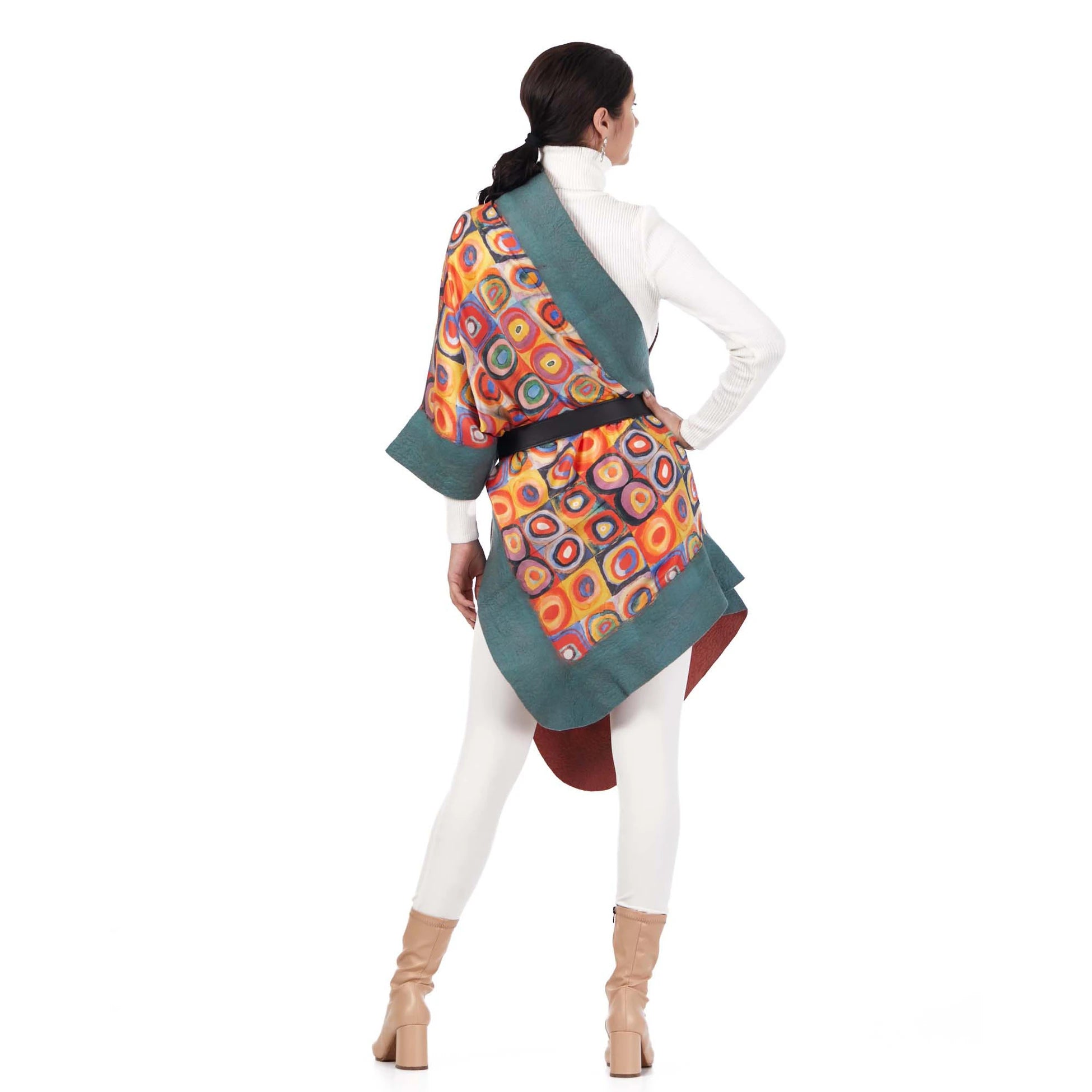 İpek Keçe Şal | Kandinsky Squares with Circles Yeşil-Kiremit | Nomads Felt