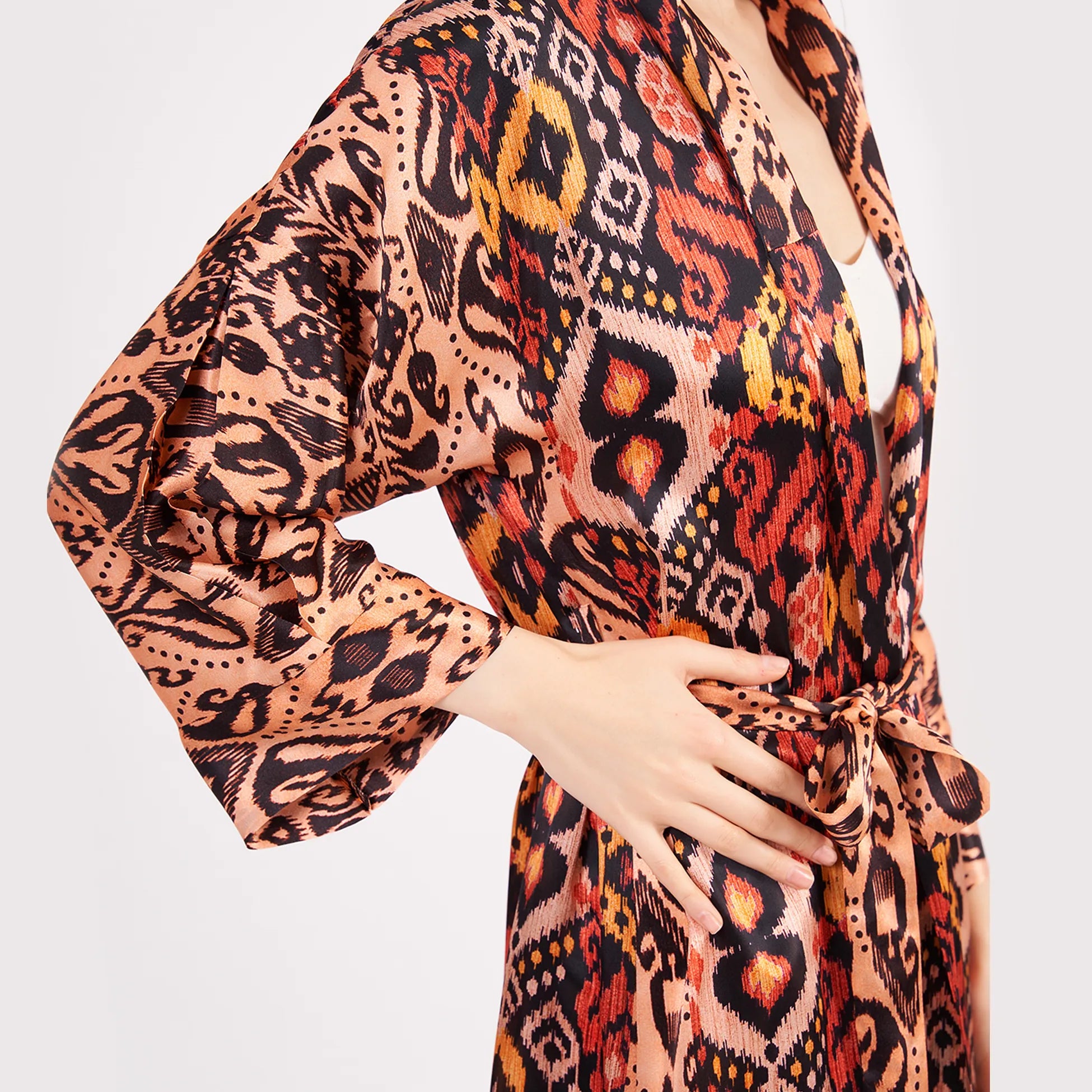 Saf İpek Kapüşonlu Kimono Kaftan İkat Desen 17 | Nomads Felt