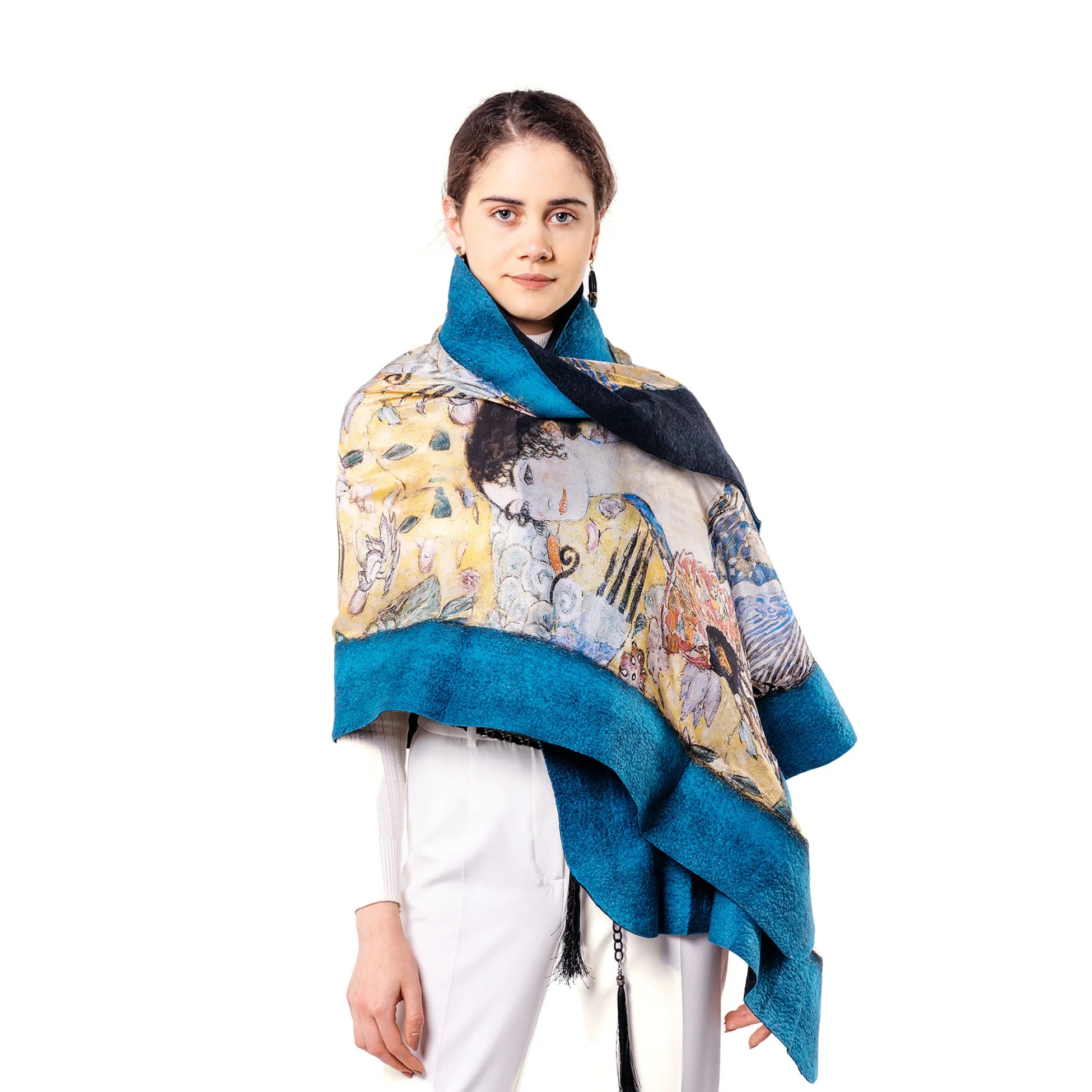 İpek Keçe Şal | Mavi-Siyah Gustav Klimt Lady with Fan | Nomads Felt
