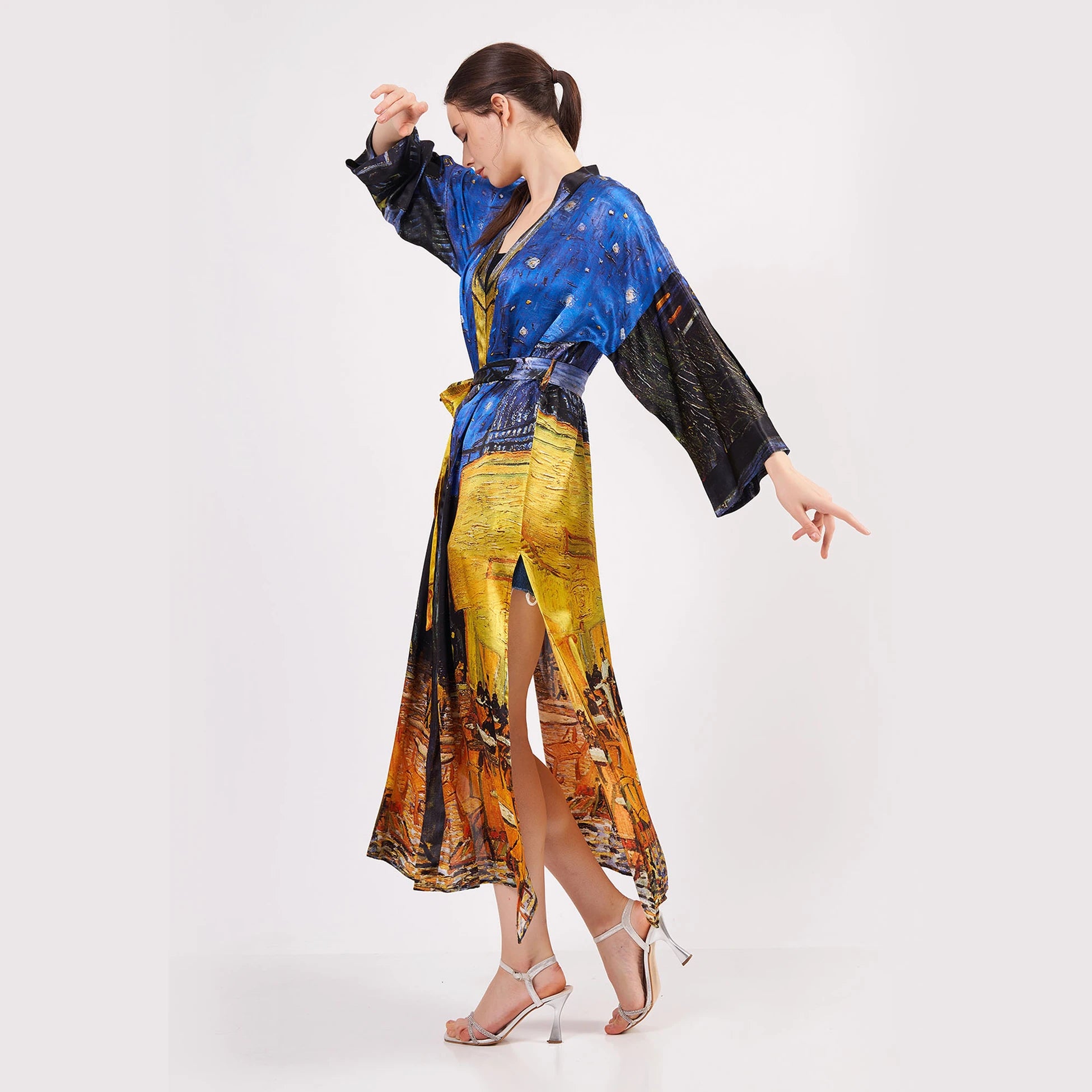 %100 İpek Uzun Kimono | Van Gogh Cafe Terrace at Night | Nomads Felt
