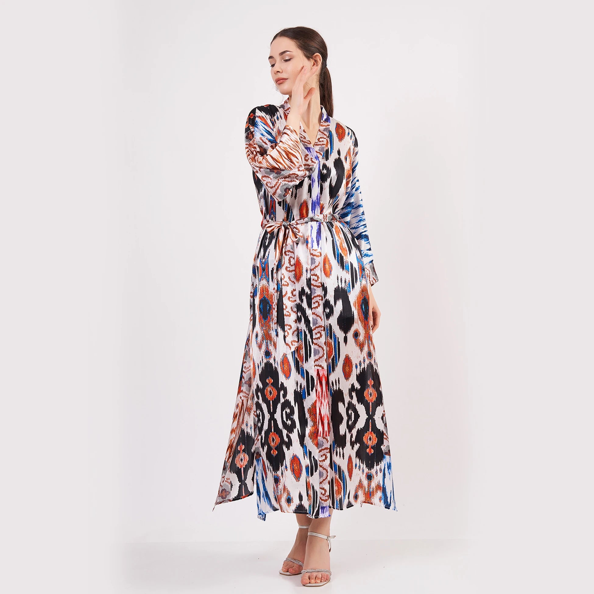 %100 İpek Uzun Kimono Kaftan | Ikat Desen 9 | Nomads Felt