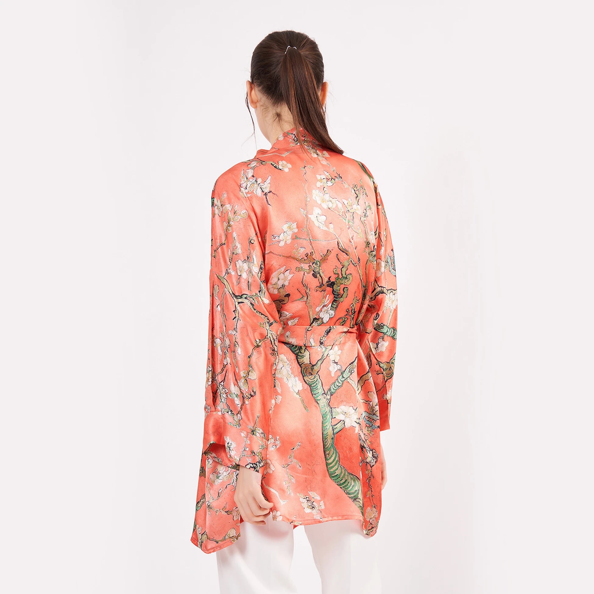Saf İpek Kısa Kimono Kaftan | Van Gogh Badem Ağacı Nar Çiçeği | Nomads Felt