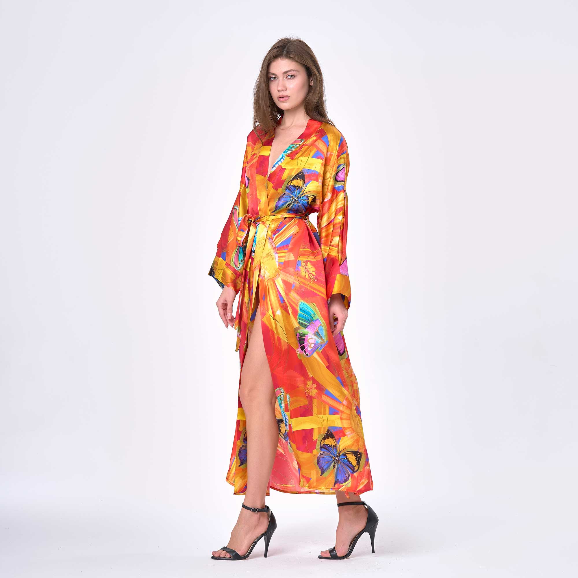 Kelebek Desenli %100 İpek Kimono Kaftan