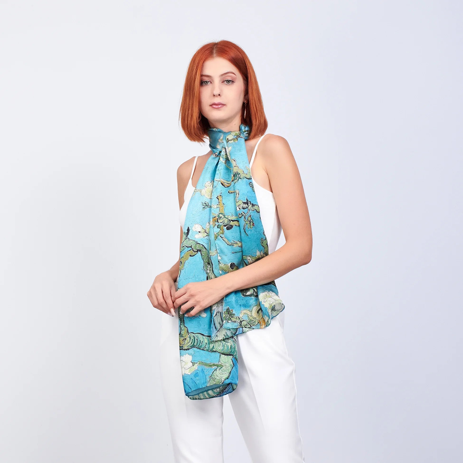 %100 İpek Fular | 55x180 cm | Turkuaz Van Gogh Badem Ağacı | Nomads Felt