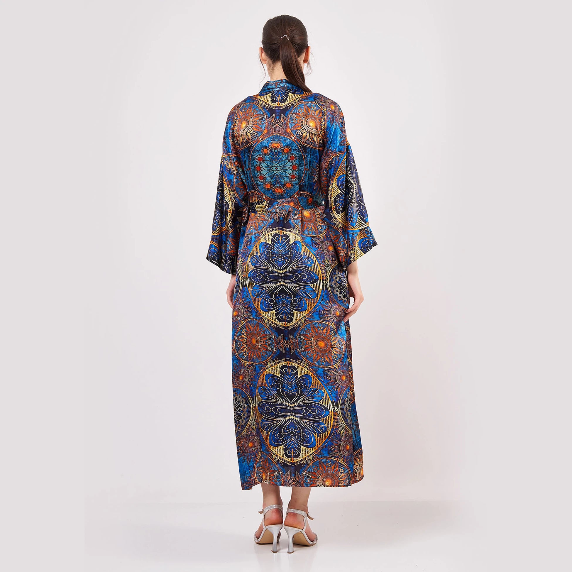Saf İpek Uzun Kimono Kaftan | Mavi Mandala Desen 1 | Nomads Felt