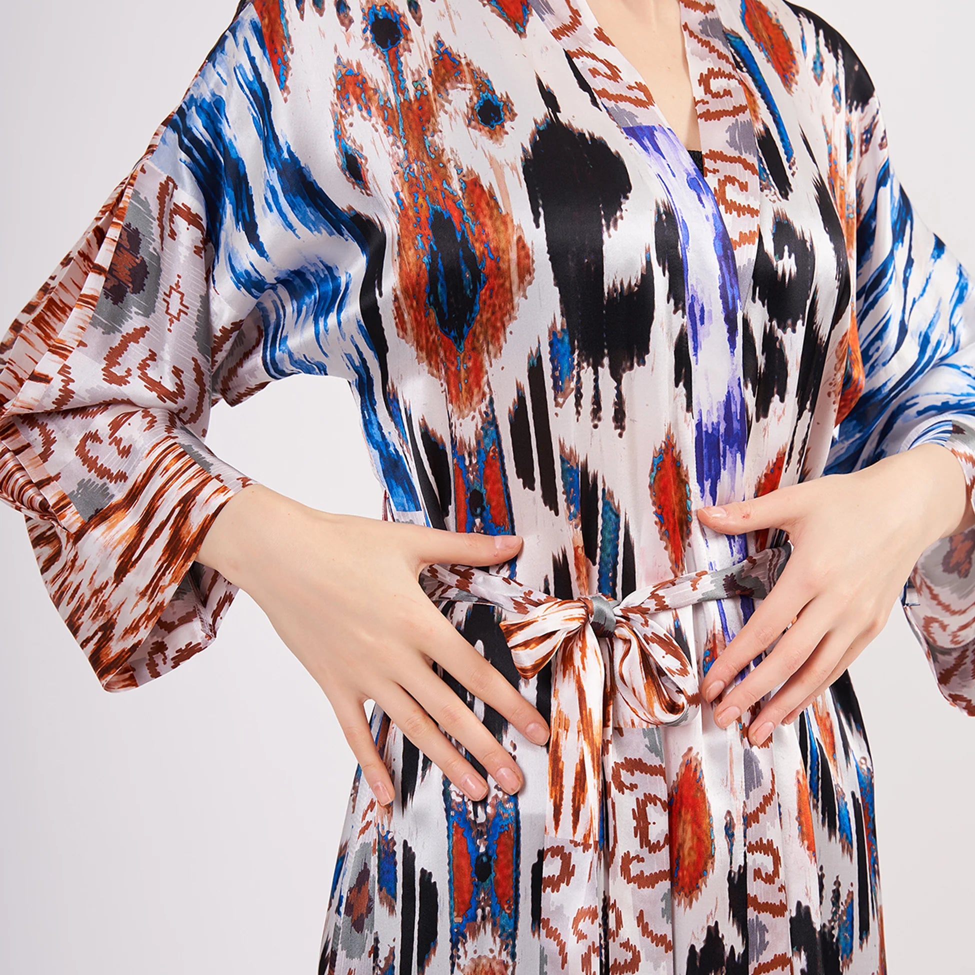 %100 İpek Uzun Kimono Kaftan | Ikat Desen 9 | Nomads Felt